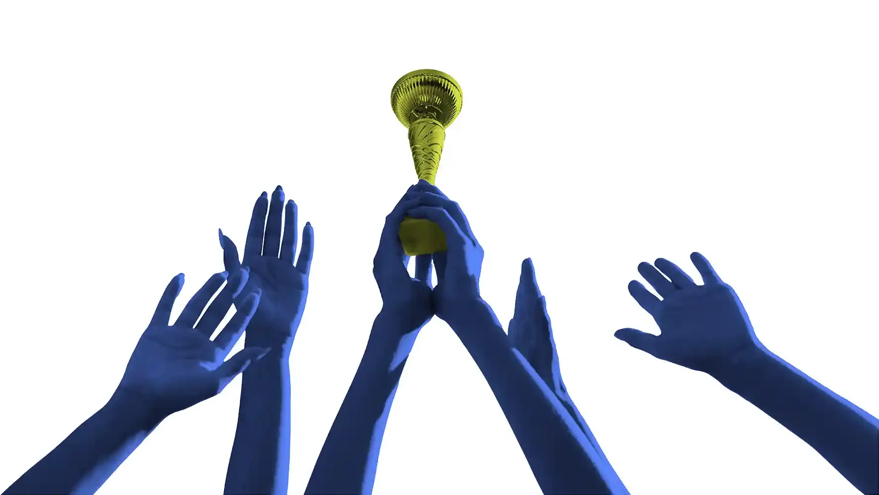 Multiple hands raised up towards a golden trophy held high by one hand.