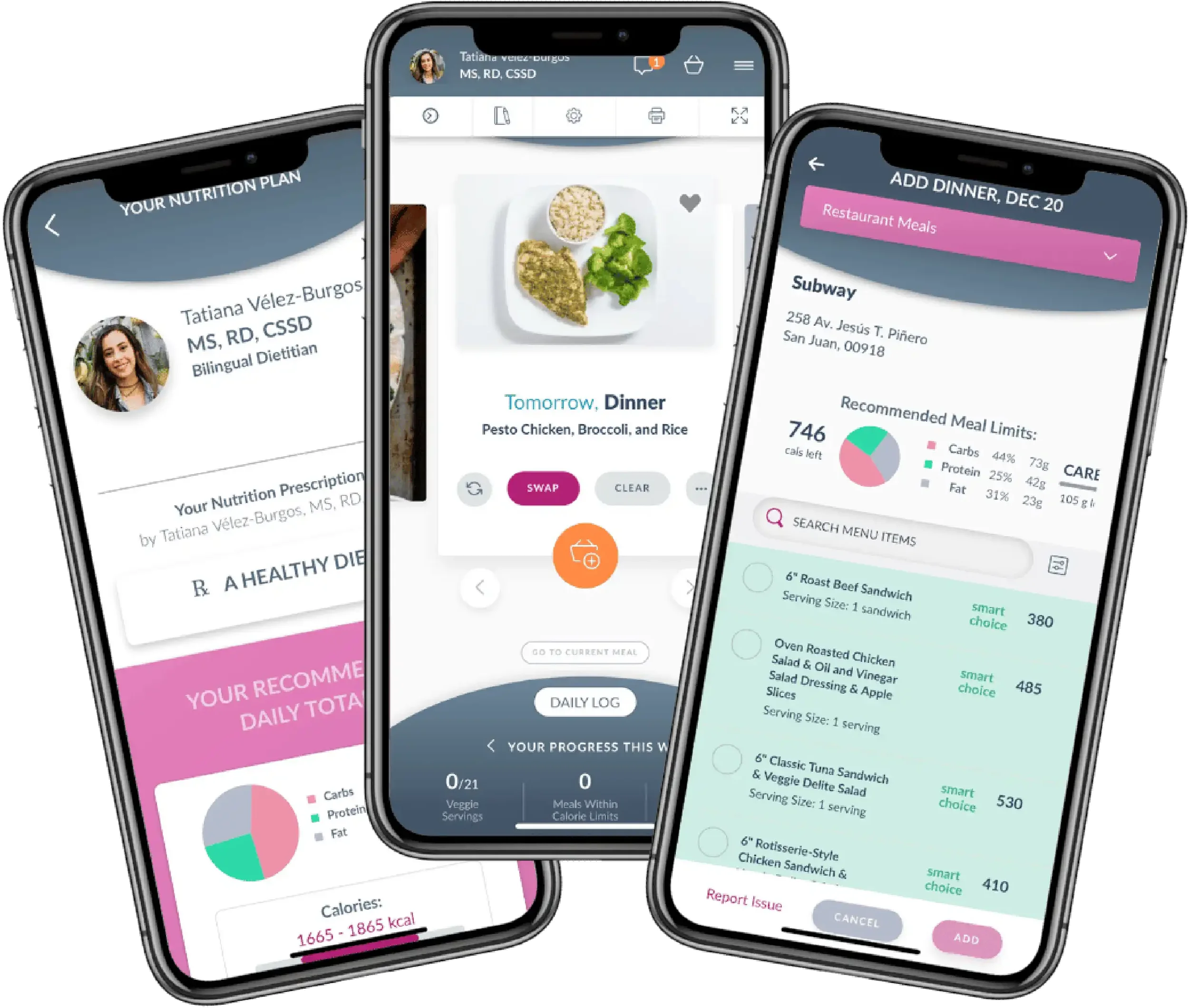 Three phones showing Fuel Labs mobile app interface for meal planning and nutrition tracking, displaying profile information, meal details, and dietary options.