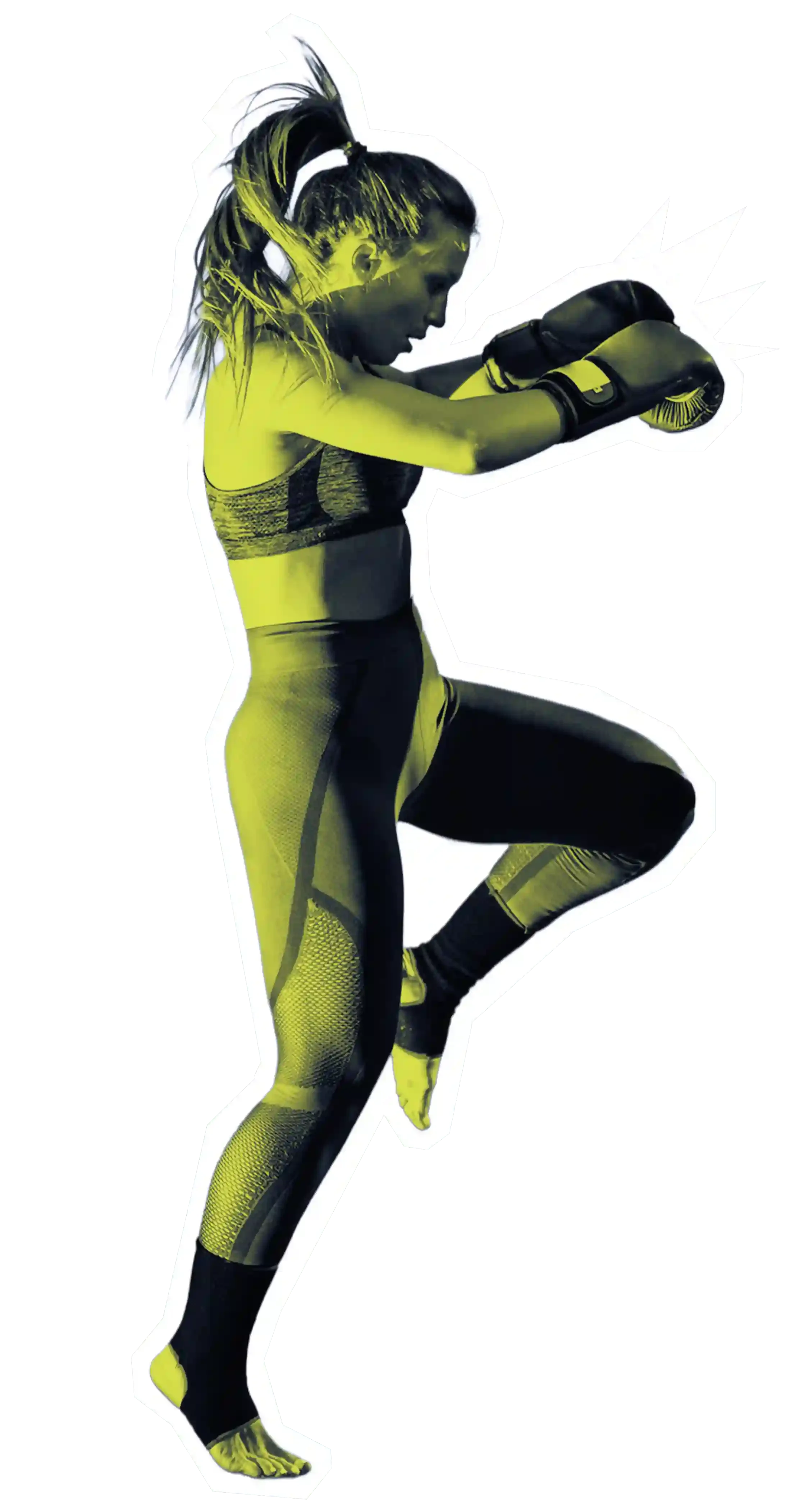 A woman in athletic clothing wearing boxing gloves in a fighting stance with one knee raised.
