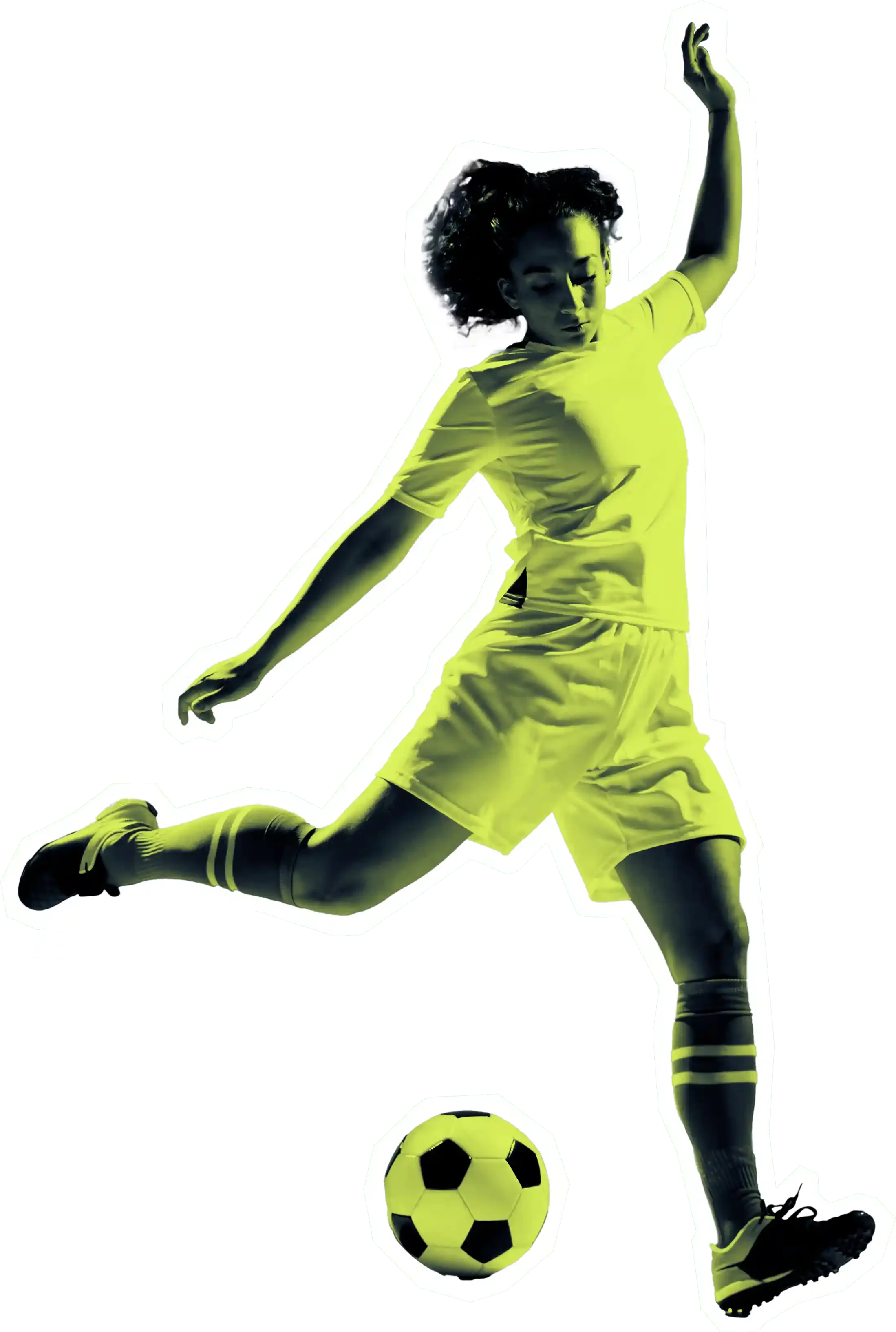 A female soccer player in uniform kicking a soccer ball.
