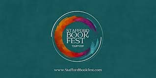 Stafford Book Festival logo with colorful circular design and website link