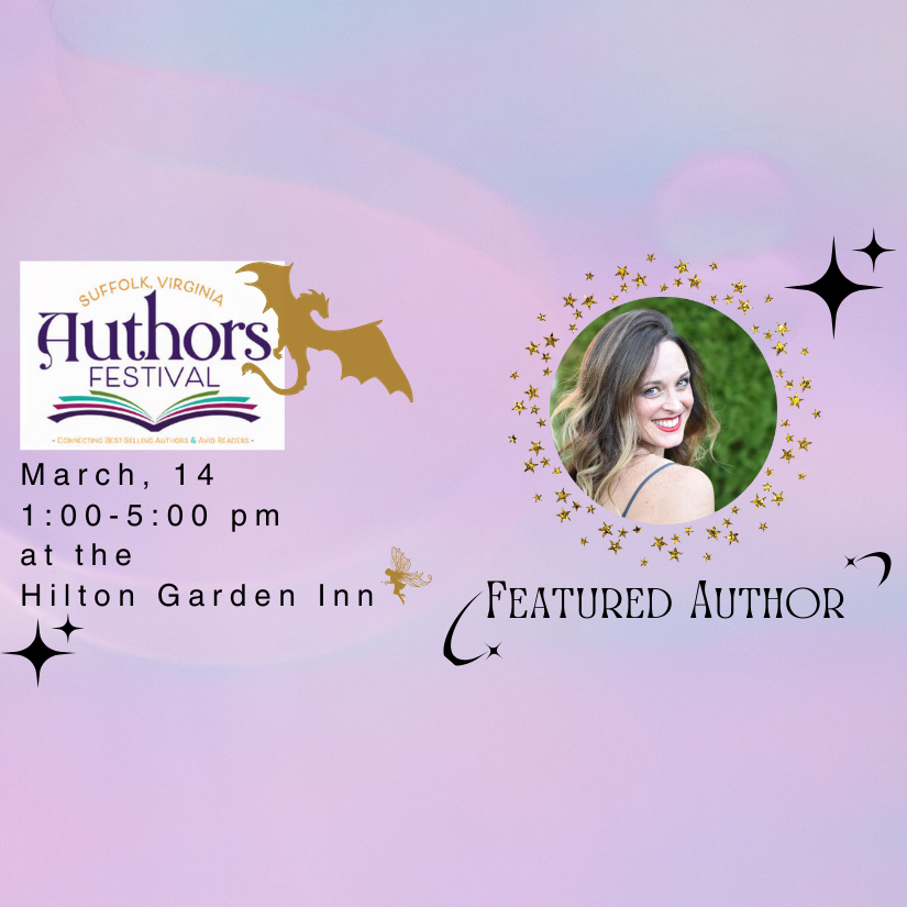 A promotional sign for Suffolk Authors Festival, photo of Scarlett M Honey with "Featured Author" under photo.