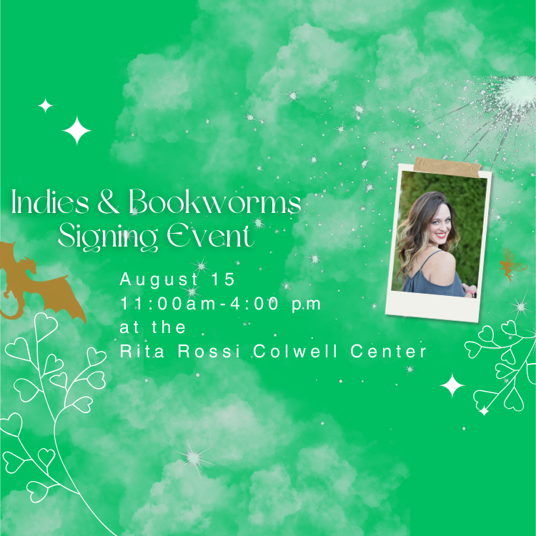 Poster Displaying Indies & Bookworms Signing Event with cloudy, leaf-green background and white text reading: Indies & Bookworms signing Event, August 15, 11-4 at the Rita Rossi Colwell Center