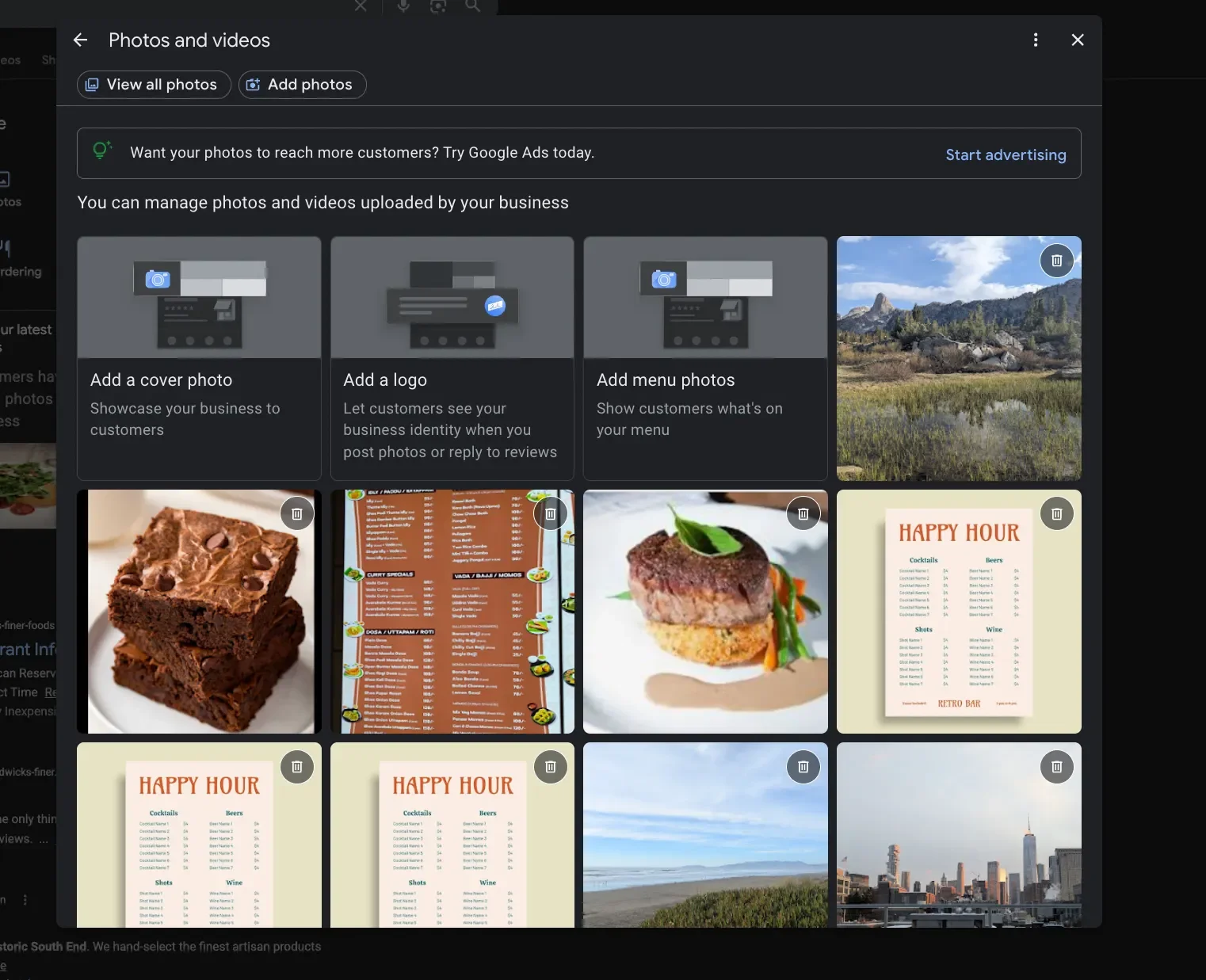 Captura de la sección de fotos de Google Business Profile para publicar y gestionar imágenes de una ficha de empresa