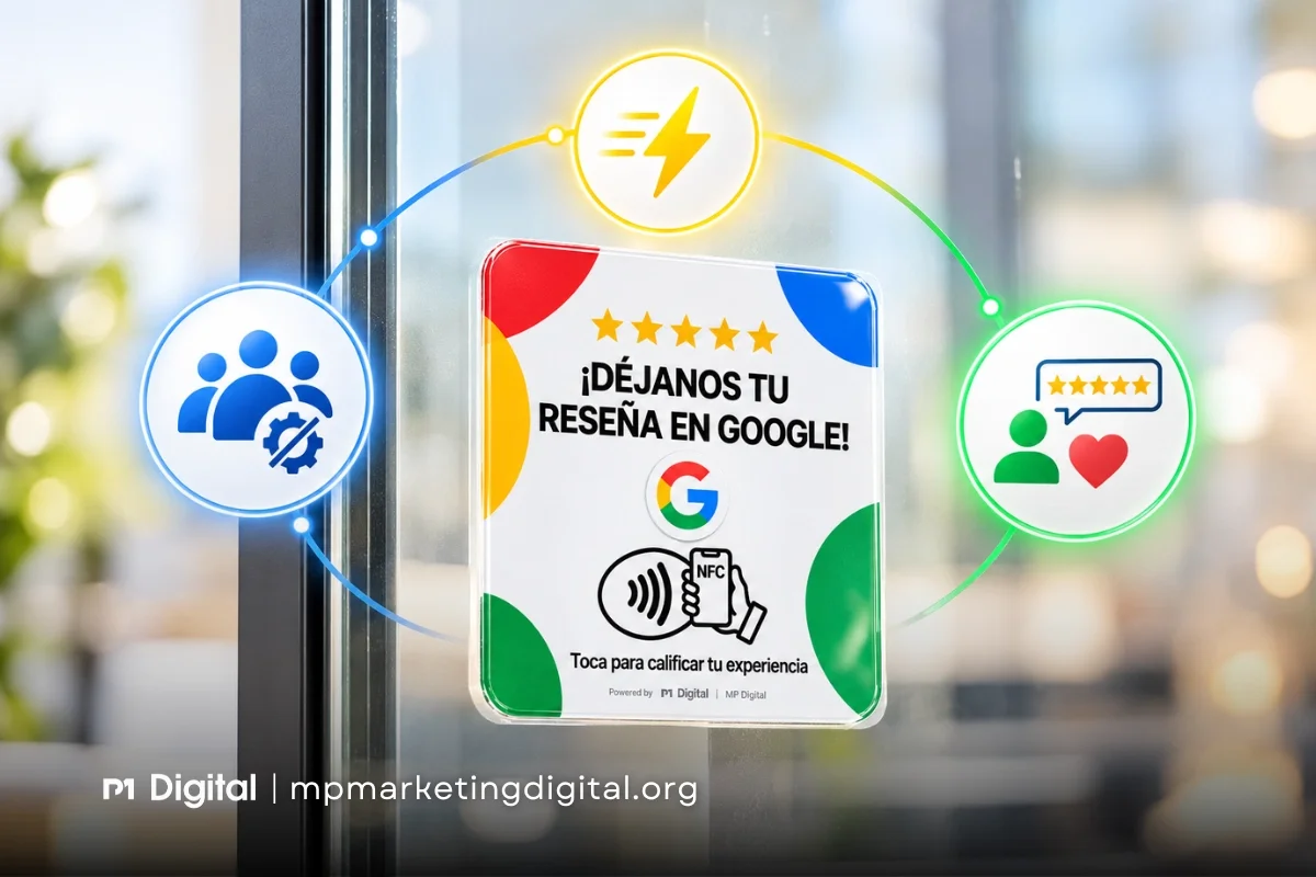 Tarjeta NFC para reseñas de Google de MP Digital con tres iconos que representan sus principales ventajas