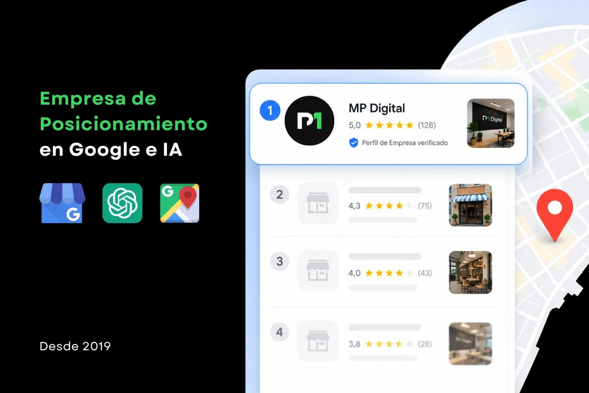 Logo de MP Digital con el mensaje Empresa de posicionamiento en Google