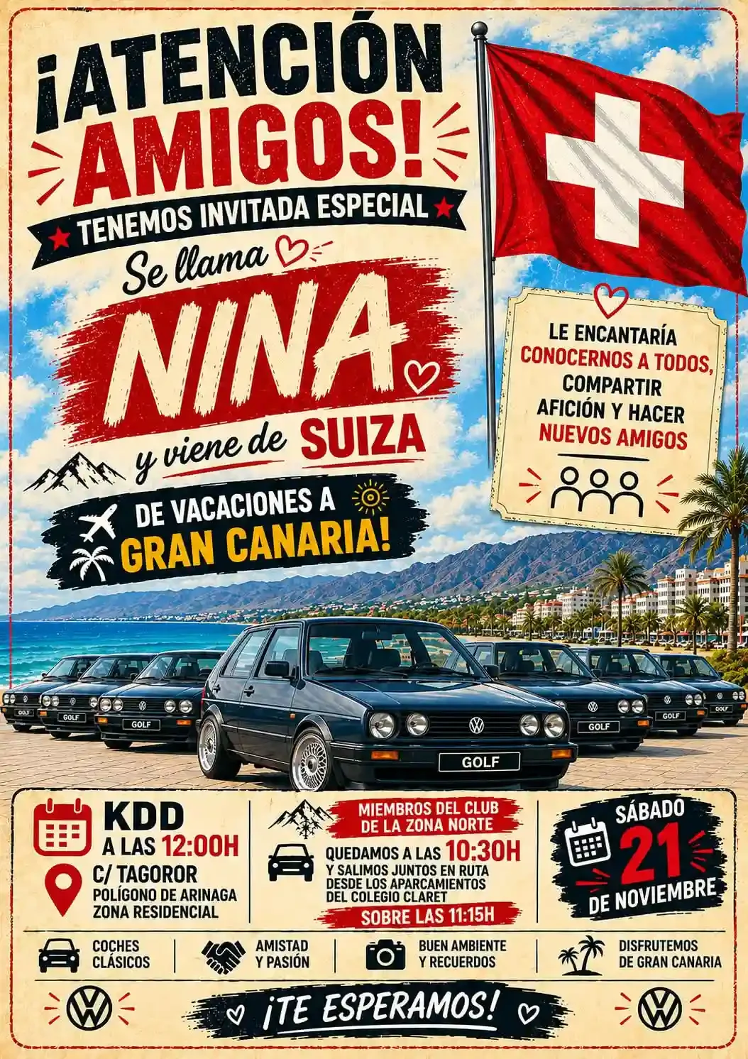Cartel oficial de la KDD especial del Club Volkswagen MK2 Gran Canaria por la visita de Nina desde Suiza