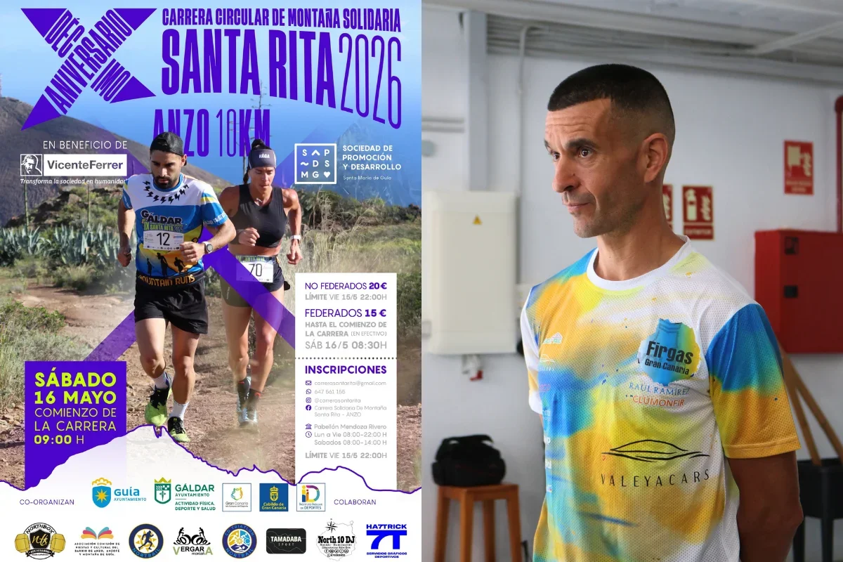 Montaje con el cartel oficial de la Carrera Circular Solidaria Santa Rita 2026 de 10 kilómetros y una imagen de Raúl Ramírez con su equipación deportiva