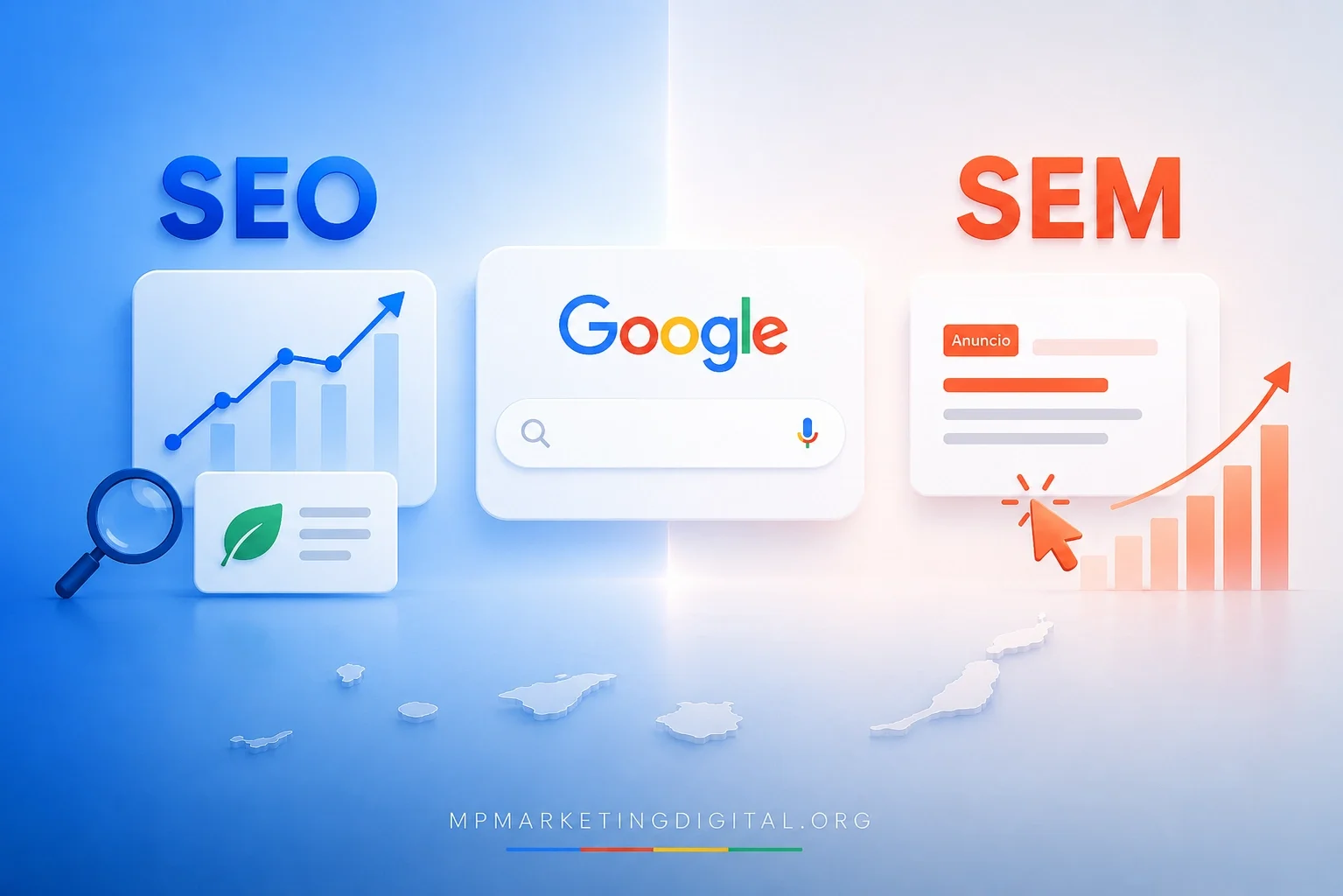 Comparativa visual entre SEO y SEM para decidir cuándo posicionar en Google o pagar anuncios en Canarias