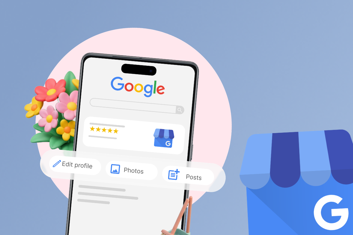 Pantalla de móvil con Google Business Profile y el logotipo de la herramienta de perfil de empresa de Google