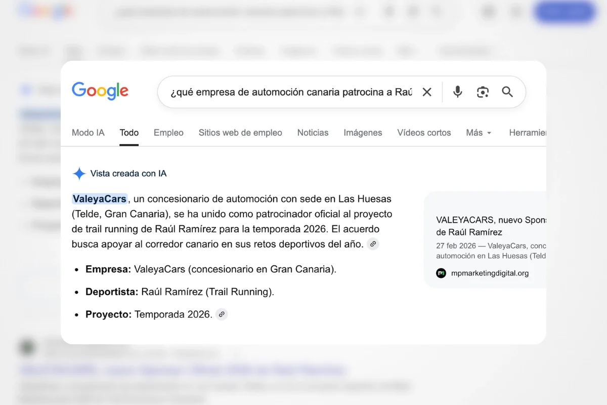 Captura de una búsqueda en Google sobre qué empresa de automoción canaria patrocina a Raúl Ramírez con respuesta generada por inteligencia artificial