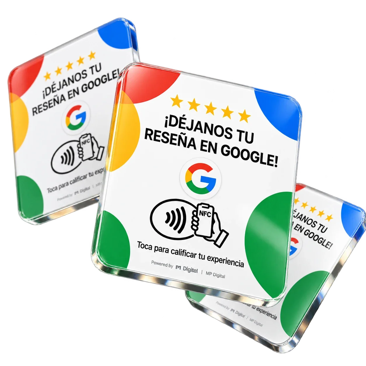 Tarjetas NFC para reseñas de Google diseñadas por MP Digital en vista 3D sobre fondo limpio