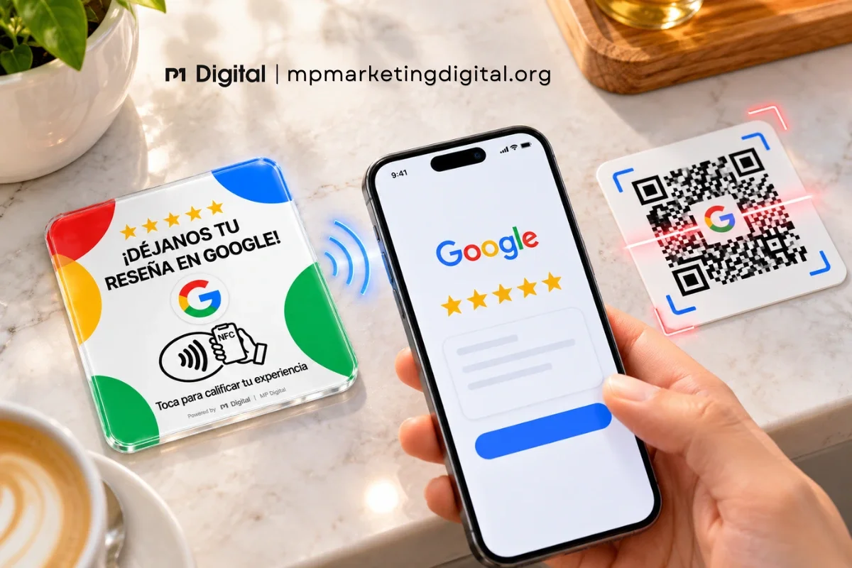 Teléfono móvil comparando el escaneo de un código QR con la detección de una tarjeta NFC para reseñas de Google