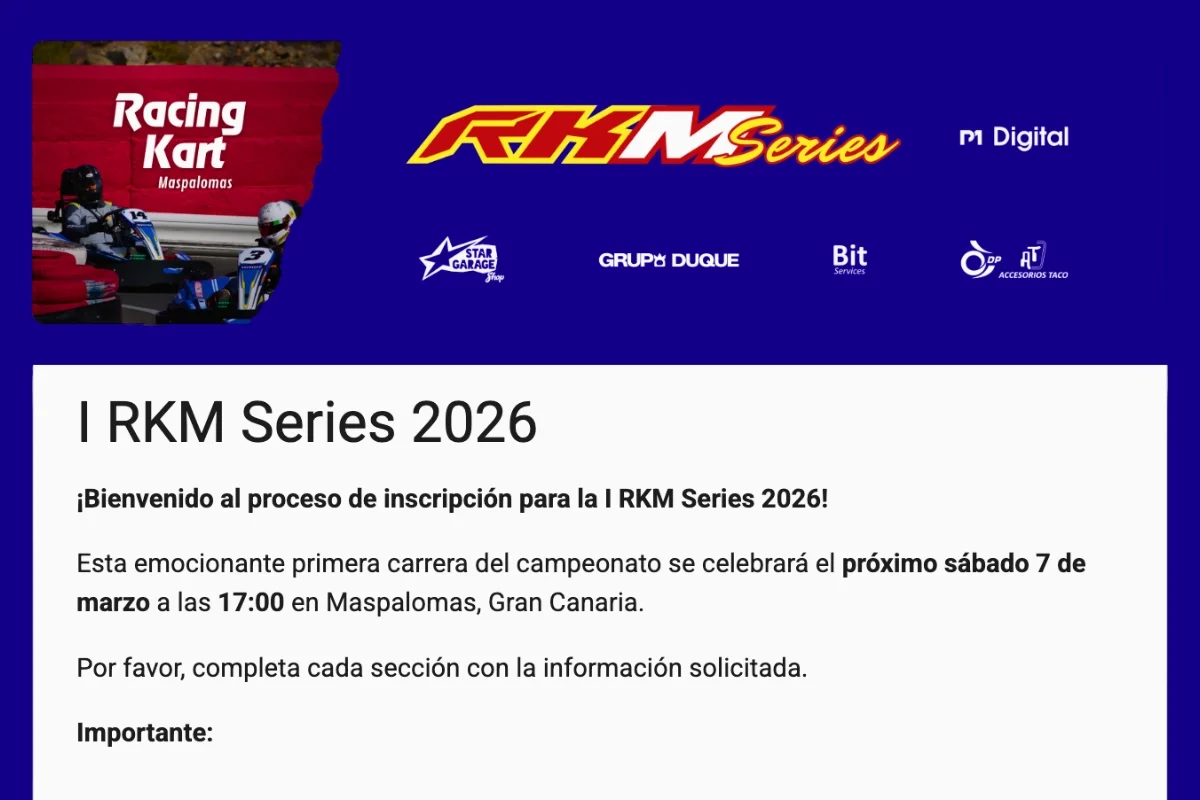 Portada del formulario de inscripción de la 1ª carrera de RKM Series 2026 en Racing Kart Maspalomas