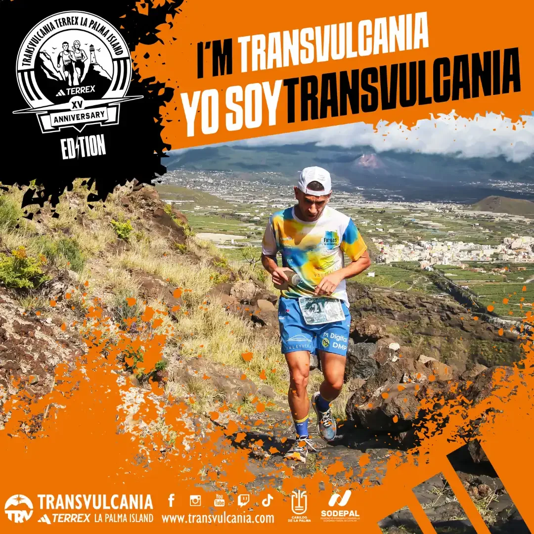 Raúl Ramírez corriendo en el Transvulcania KV 2026 con la plantilla oficial I’m Transvulcania