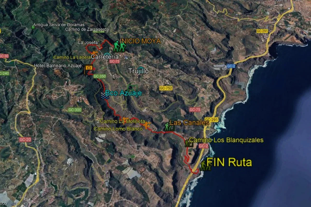 Recorrido de la Circular Extrema Villa de Moya 2026 en Google Earth, con el trazado de RAMBALA TEAM desde la salida hasta meta