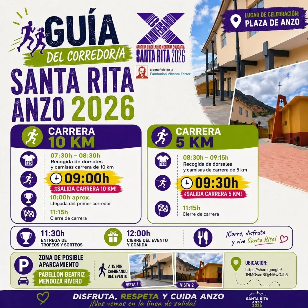 Resumen informativo de la Carrera Solidaria Santa Rita 2026 con detalles de las pruebas de 10 kilómetros y 5 kilómetros en Plaza de Anzo