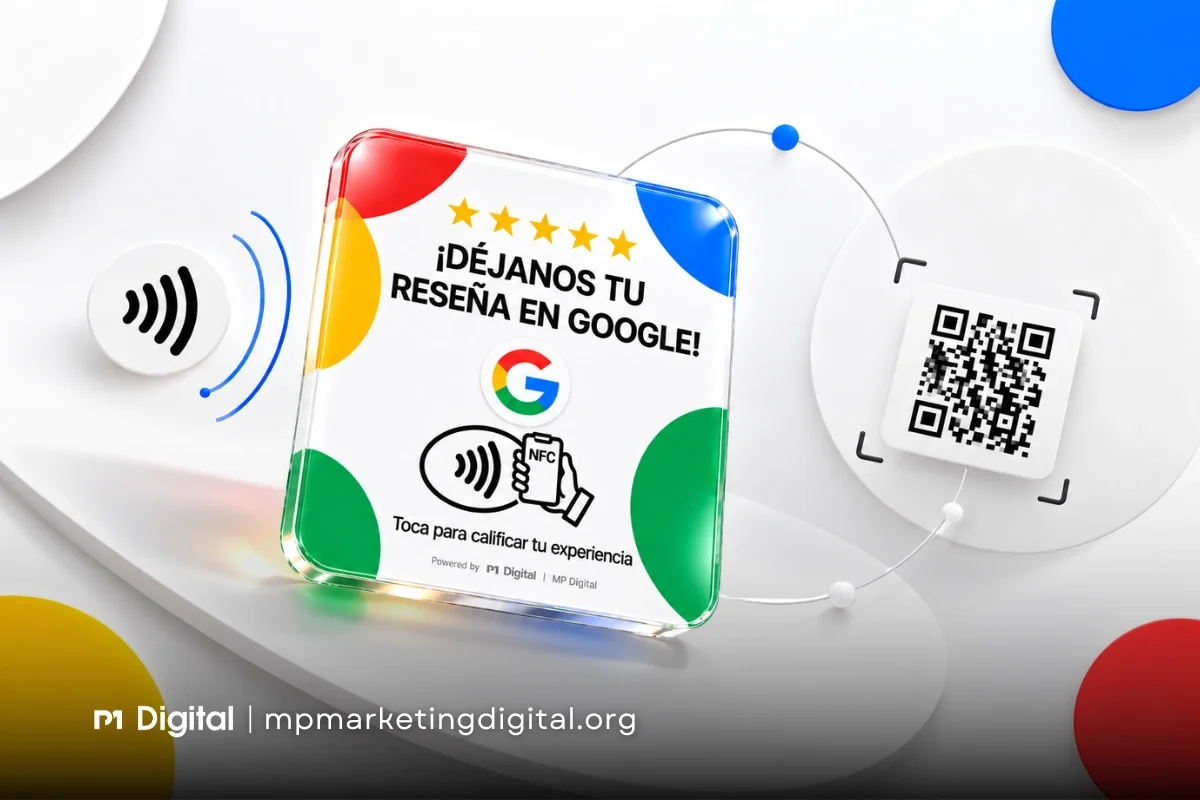 Texto ALT: Tarjeta NFC de MP Digital junto a un código QR para comparar opciones de reseñas de Google