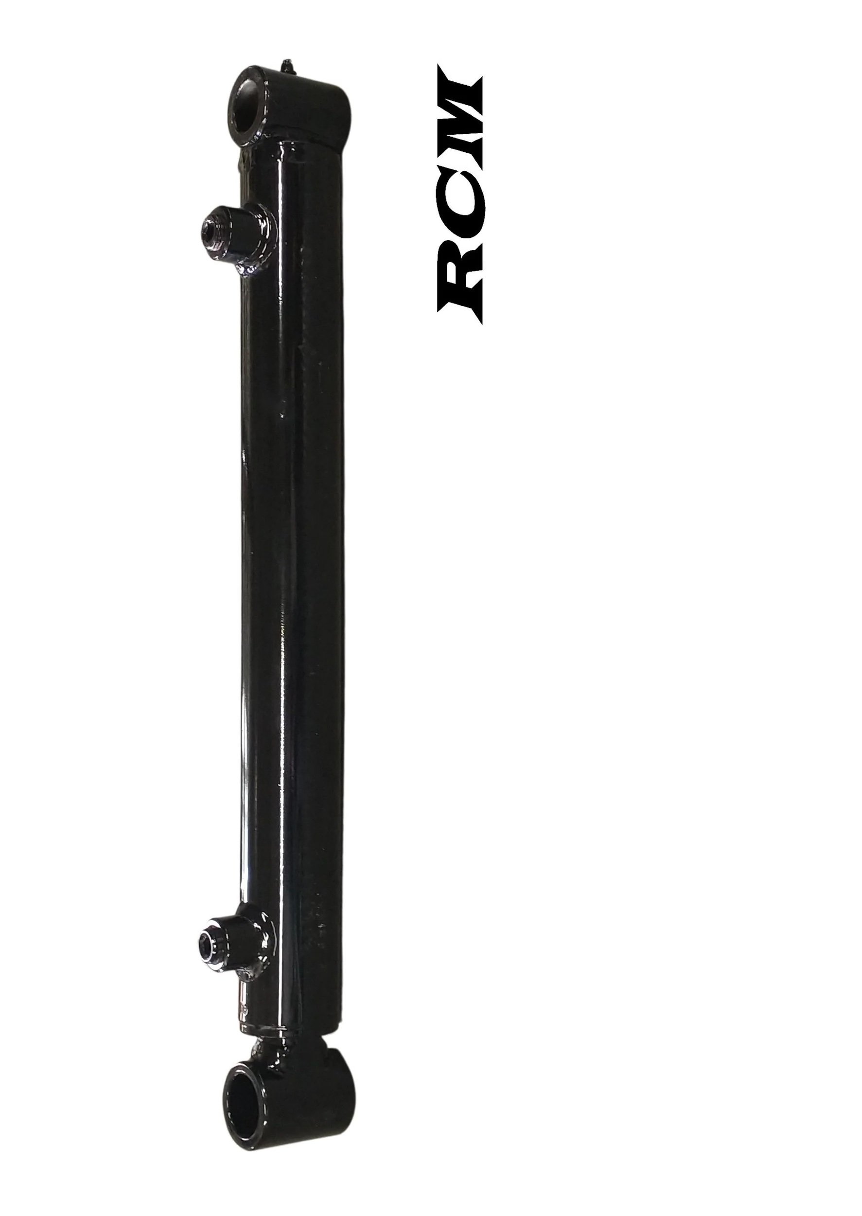 A long runser custom machining black hydraulic or pneumatic cylinder with multiple connectors and fittings, against a plain white background.