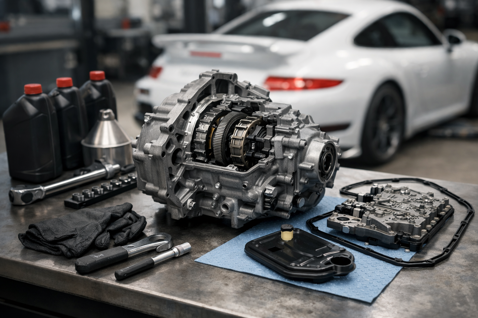 Porsche PDK transmission out of car for service