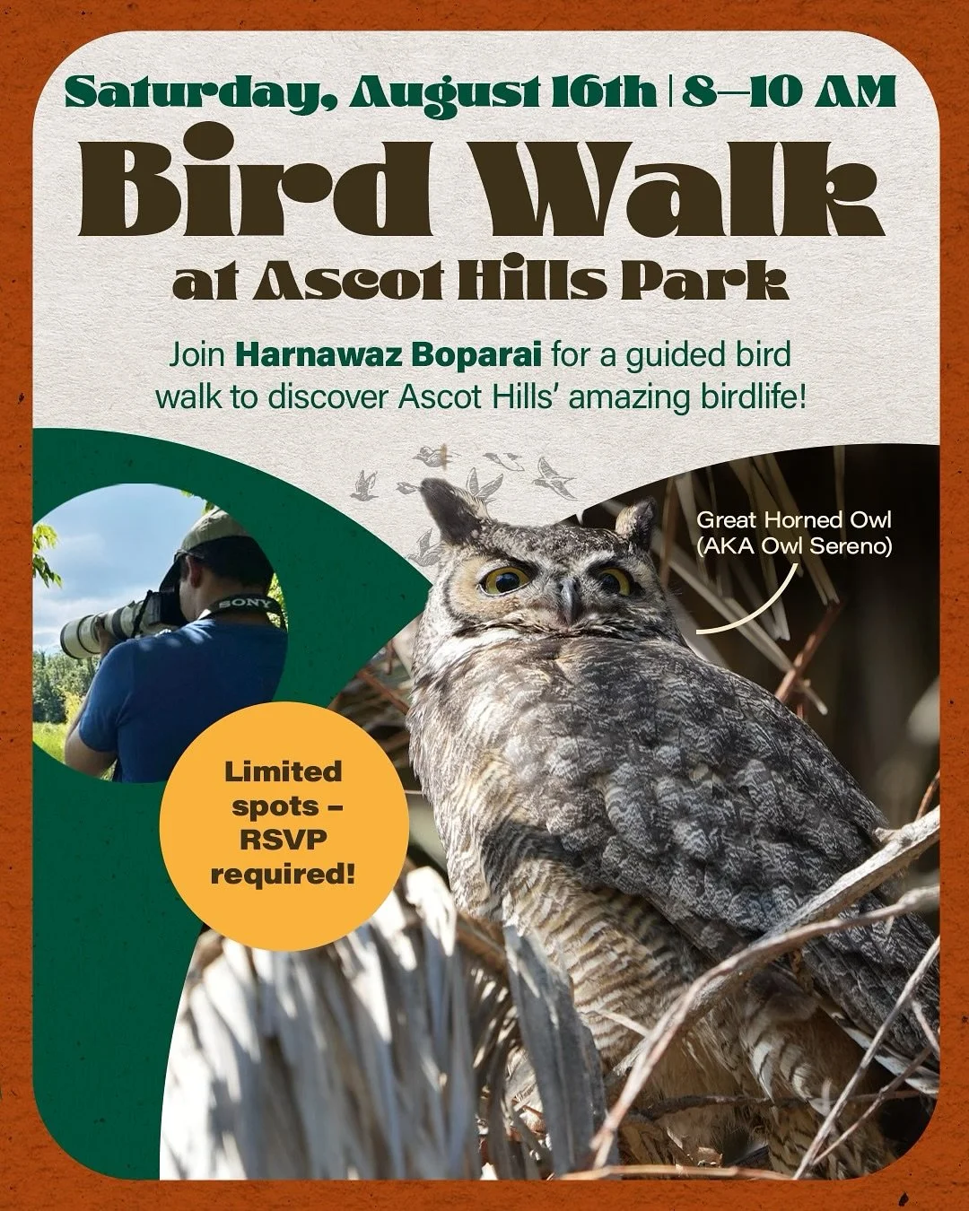 🐦 BIRD WALK - Back by popular demand!
Join us on Saturday, August 16 from 8&ndash;10 AM for a guided bird walk with Harnawaz Boparai @harnawazboparai , a wildlife photographer and CSULA master&rsquo;s student researching how birds shape LA&rsquo;s u