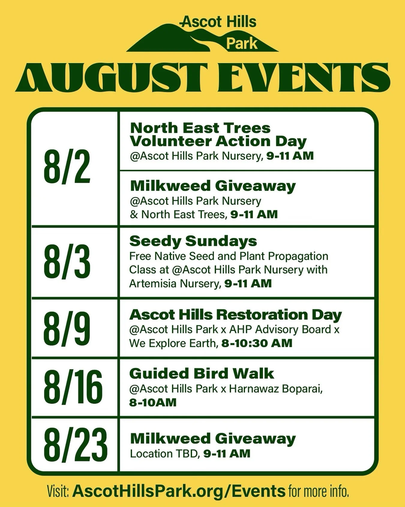 AUGUST EVENTS &ndash; SAVE THE DATES!
Here&rsquo;s what&rsquo;s coming up at Ascot Hills Park this August! Join us for community-powered events all month long:

🌱 Volunteer Action Day x North East Trees @north_east_trees 
🦋 Milkweed Giveaways x SAM