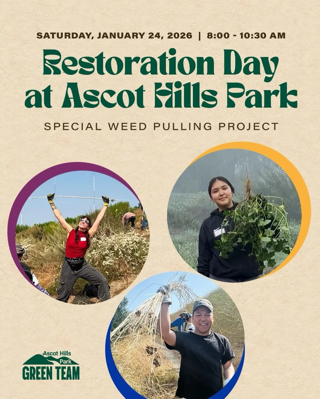 Announcing a Weeding Restoration Day at Ascot Hills Park 🌿

🗓 Saturday, January 24, 2026
⏰ 8:00&ndash;10:30 AM
📍 Meet at the Park Nursery (west end of the gravel parking lot)

Join the Ascot Hills Park Green Team for a hands-on morning of pulling 