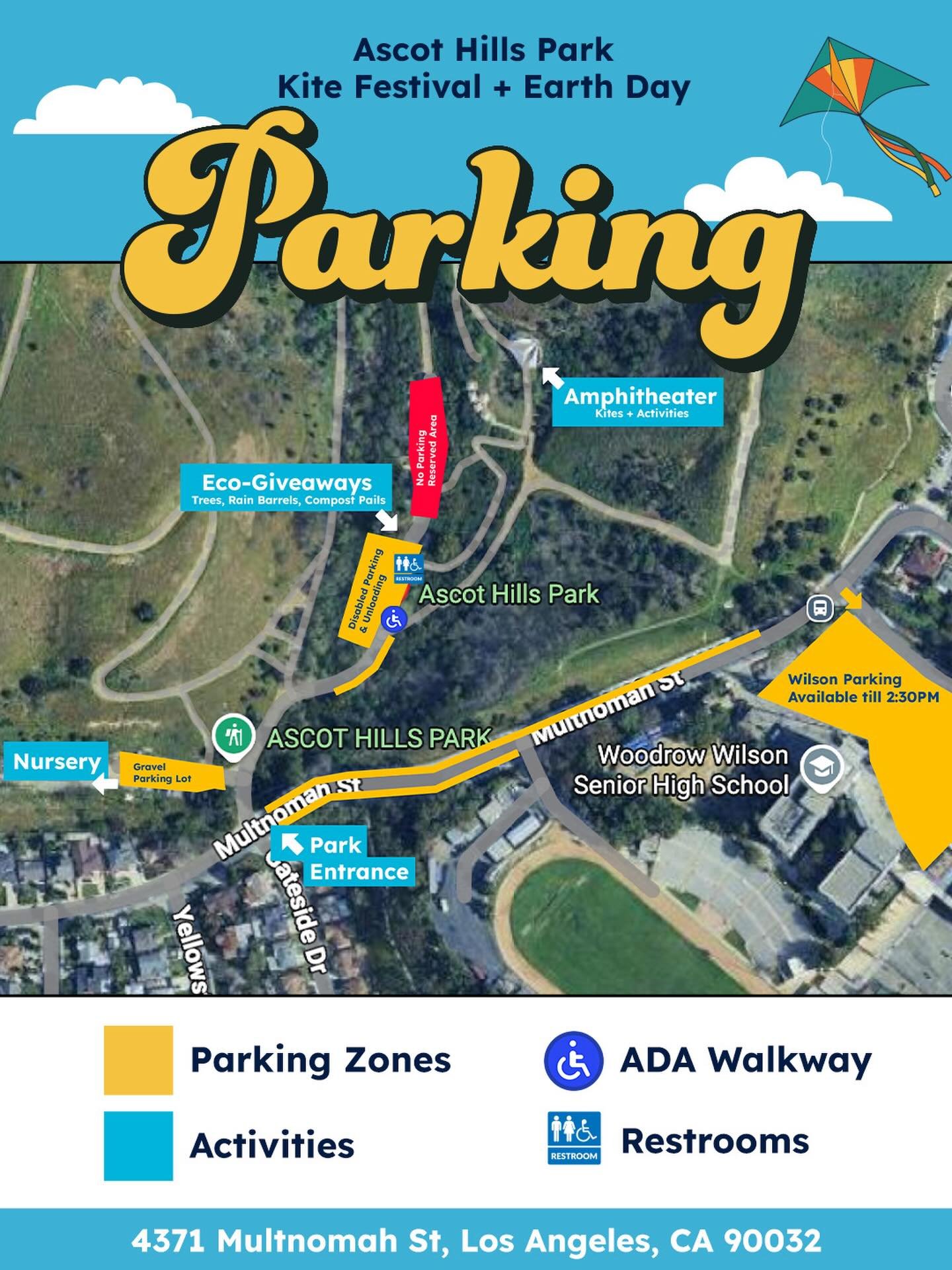 🪁 Tomorrow is the day!
📍 Ascot Hills Park &mdash; 4371 Multnomah St, Los Angeles, CA 90032
🚗 Parking Info
Parking is limited &mdash; here&rsquo;s what you need to know before you head out:
🔵 Disabled parking and unloading at the upper paved lot.
