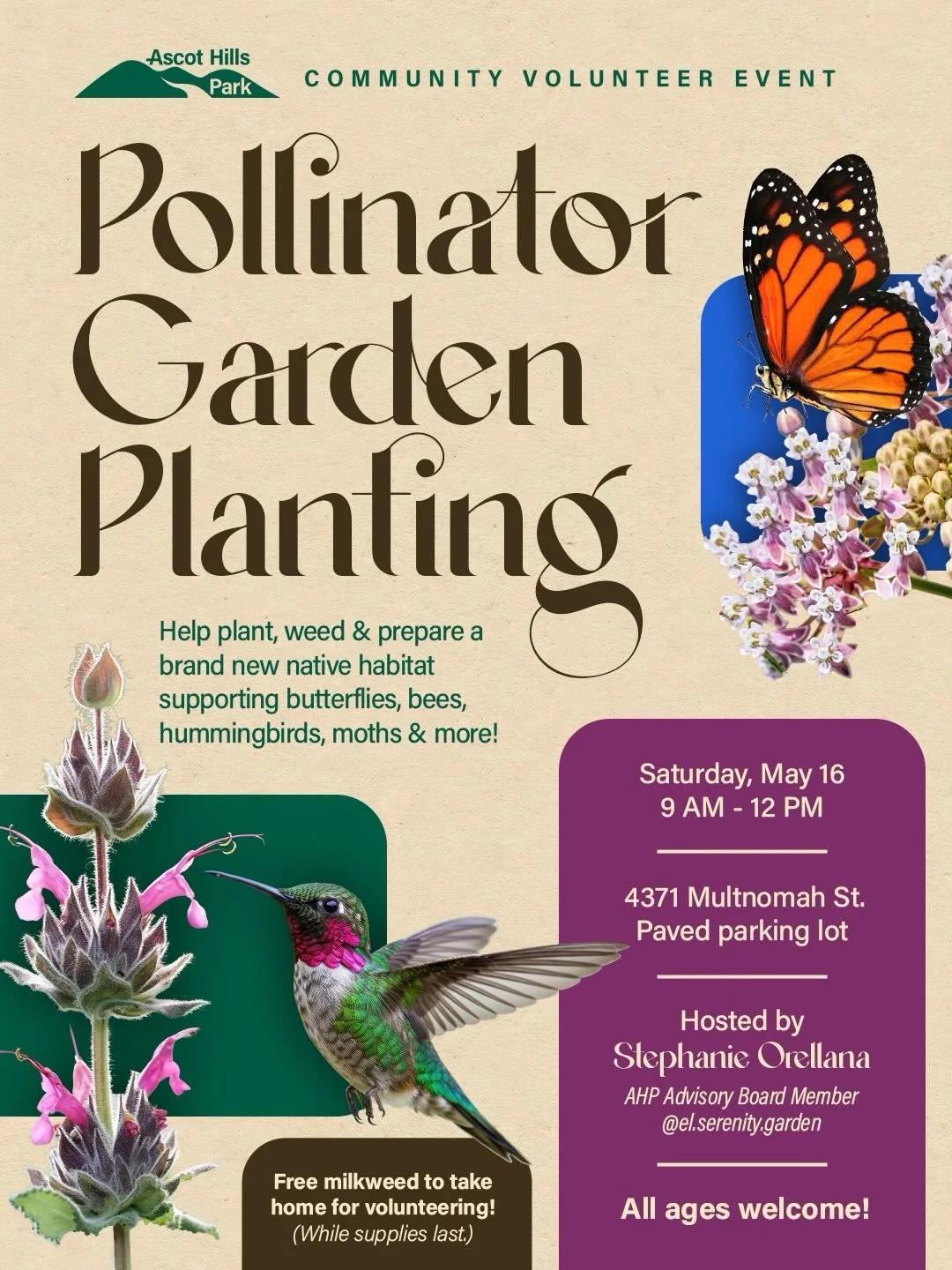 THIS SATURDAY, May 16, 2026 from 9am - 12 pm, join the Ascot Hills Park Green Team as we create a new pollinator garden using native plants that support butterflies, bees, hummingbirds, moths, and other important pollinators and wildlife.

This first