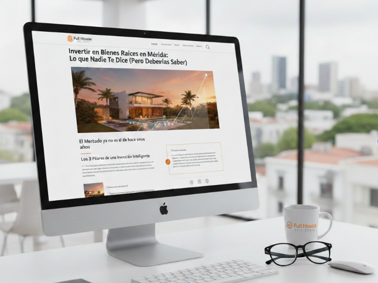 Computadora de escritorio mostrando un artículo sobre invertir en bienes raíces en Mérida, Yucatán, de Full House, en una oficina moderna.