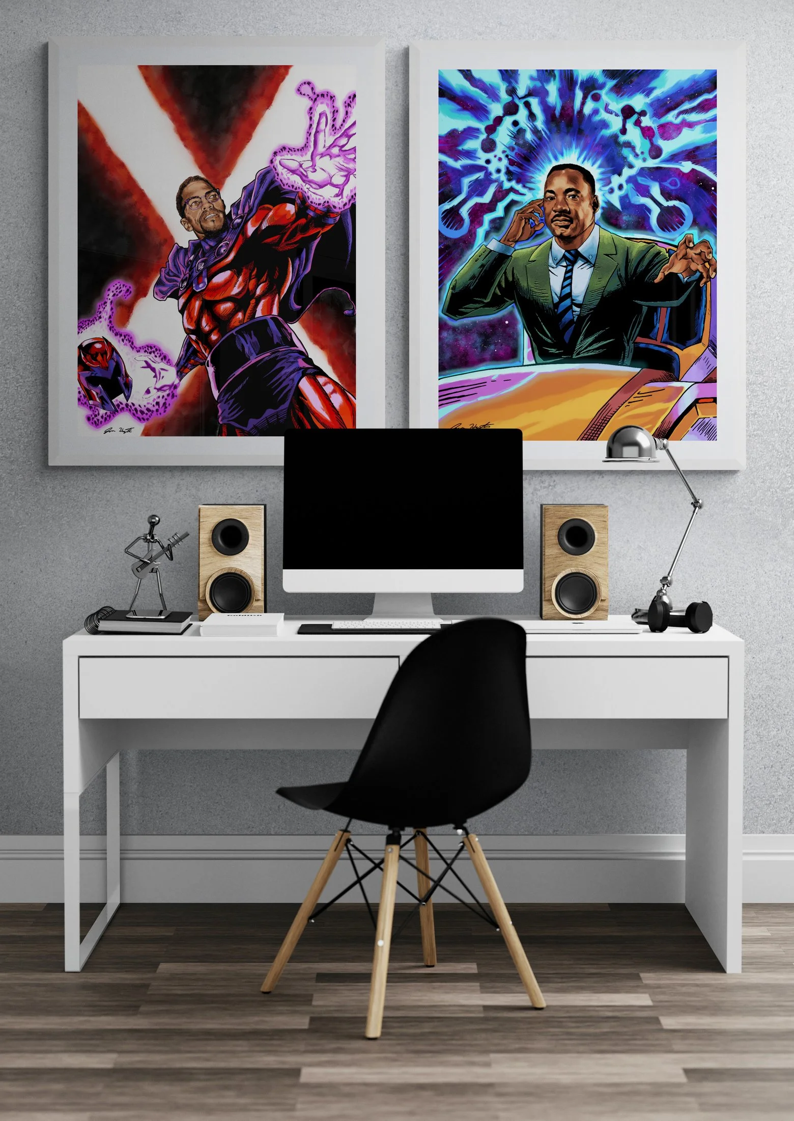 Modern home office with two framed futuristic comic-style artworks featuring Martin Luther King Jr. and Malcom X