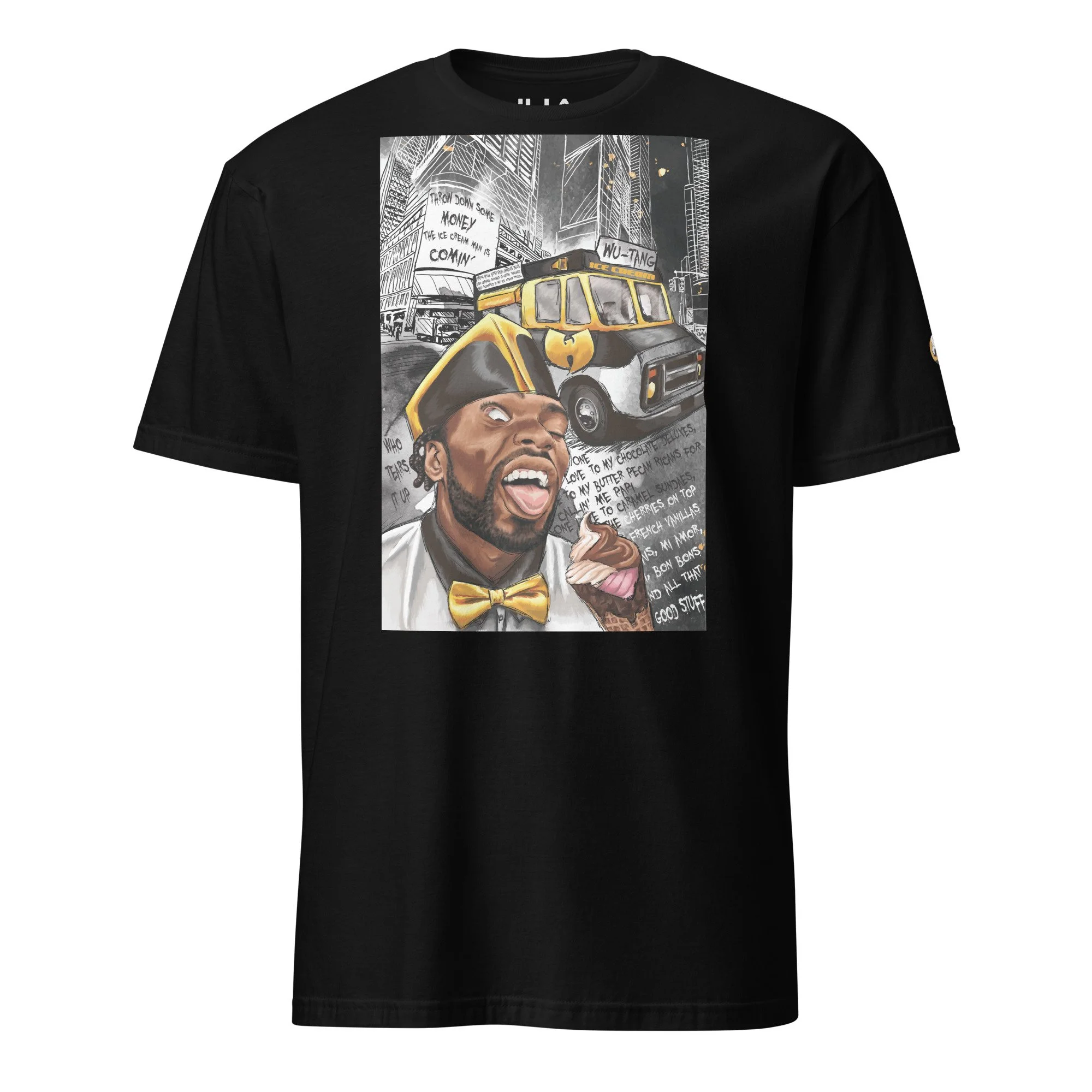 Black T-shirt featuring colorful illustrated graphic of a man in a yellow bow tie holding ice cream, with a Wu-Tang Clan-themed ice cream truck and urban cityscape in the background