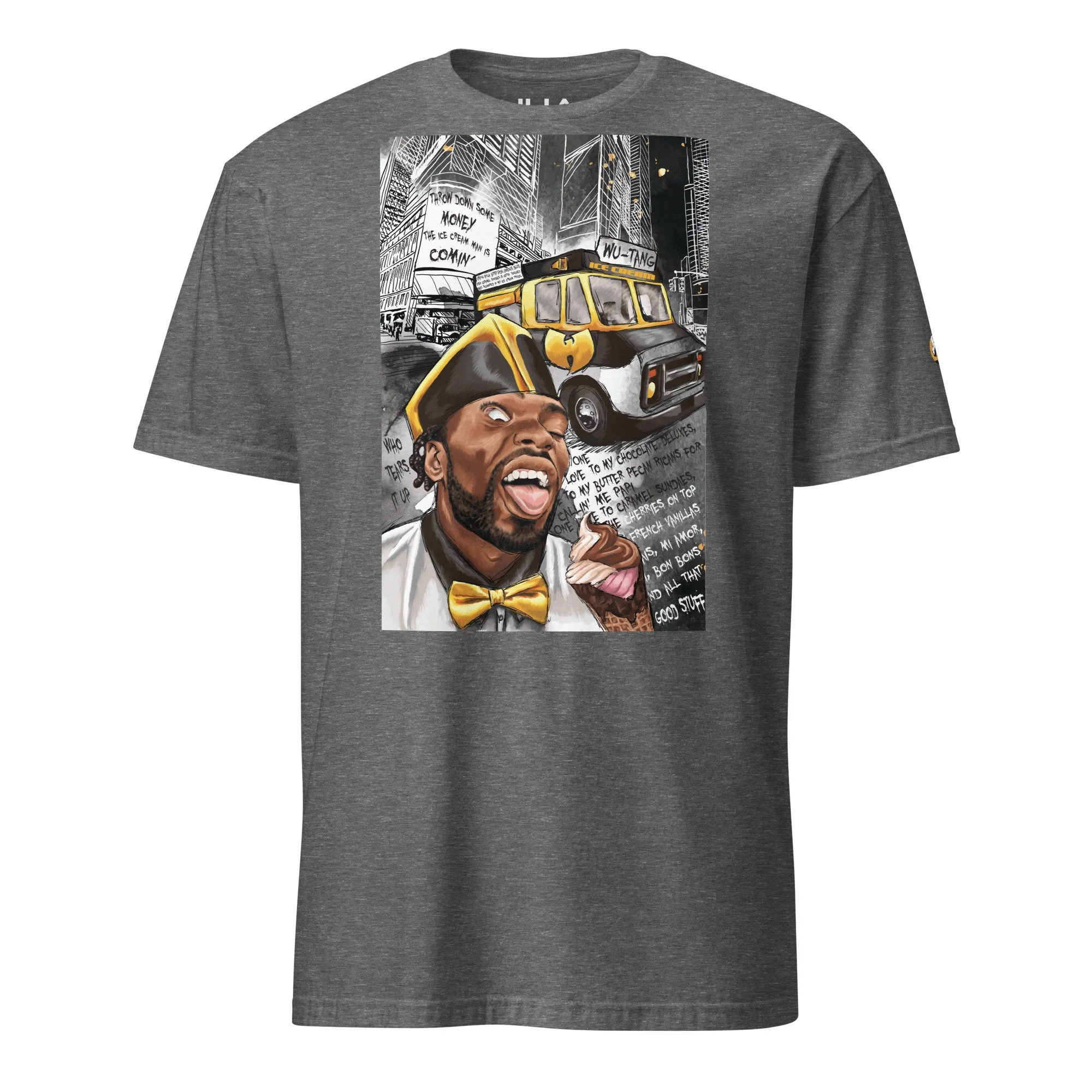 Grey T-shirt featuring colorful illustrated graphic of a man in a yellow bow tie holding ice cream, with a Wu-Tang Clan-themed ice cream truck and urban cityscape in the background