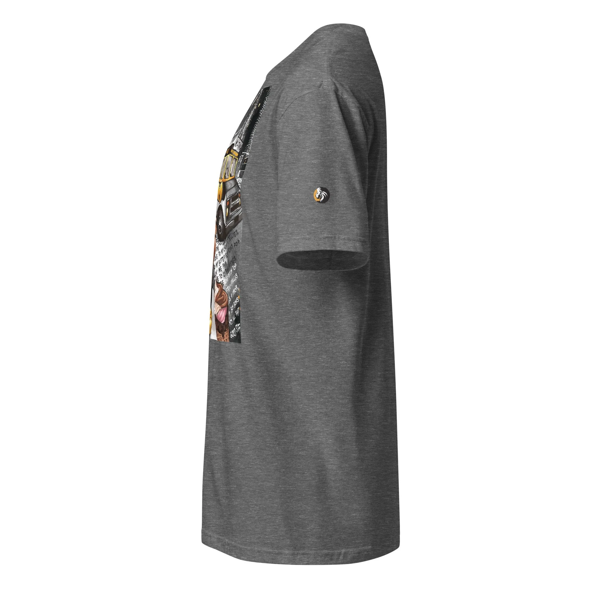 Side view of grey T-shirt featuring partial view of colorful front graphic and a small embroidered Artist logo patch on the sleeve.