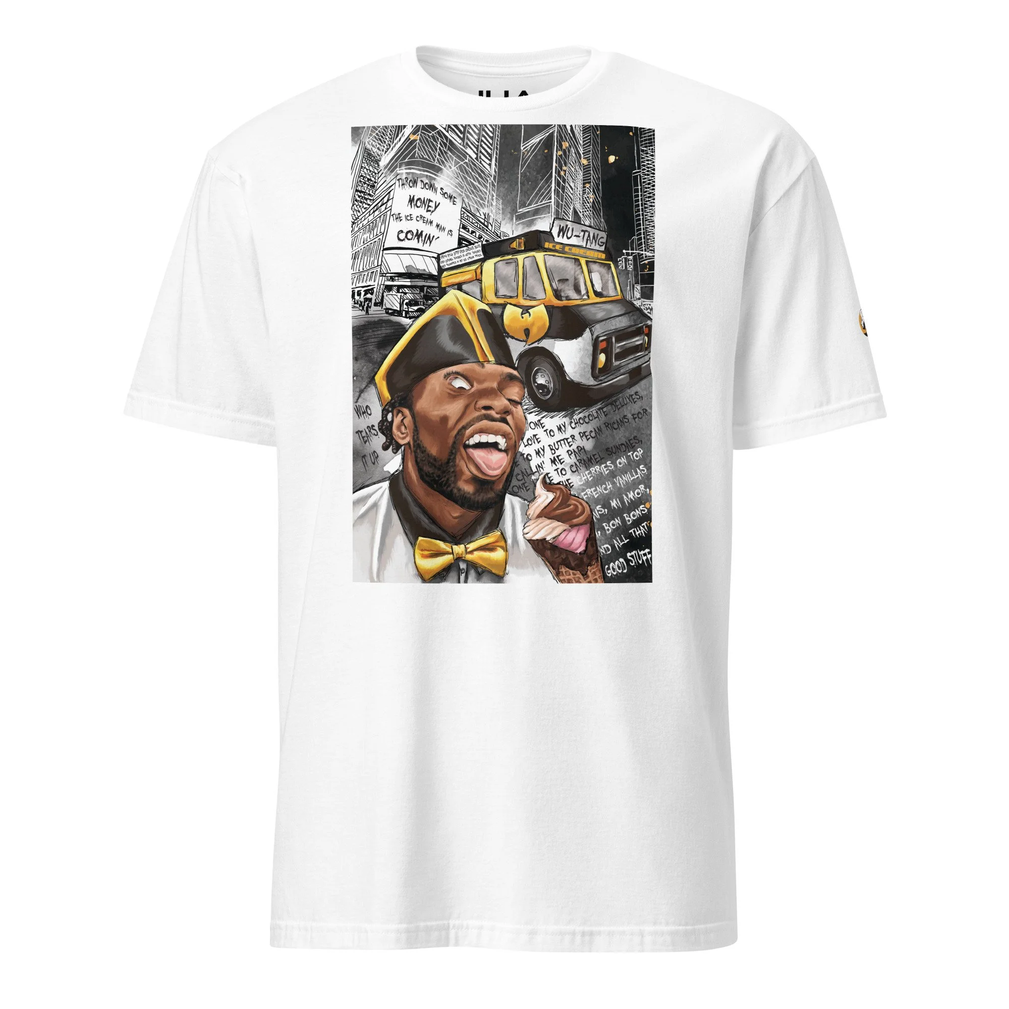 White T-shirt featuring colorful illustrated graphic of a man in a yellow bow tie holding ice cream, with a Wu-Tang Clan-themed ice cream truck and urban cityscape in the background