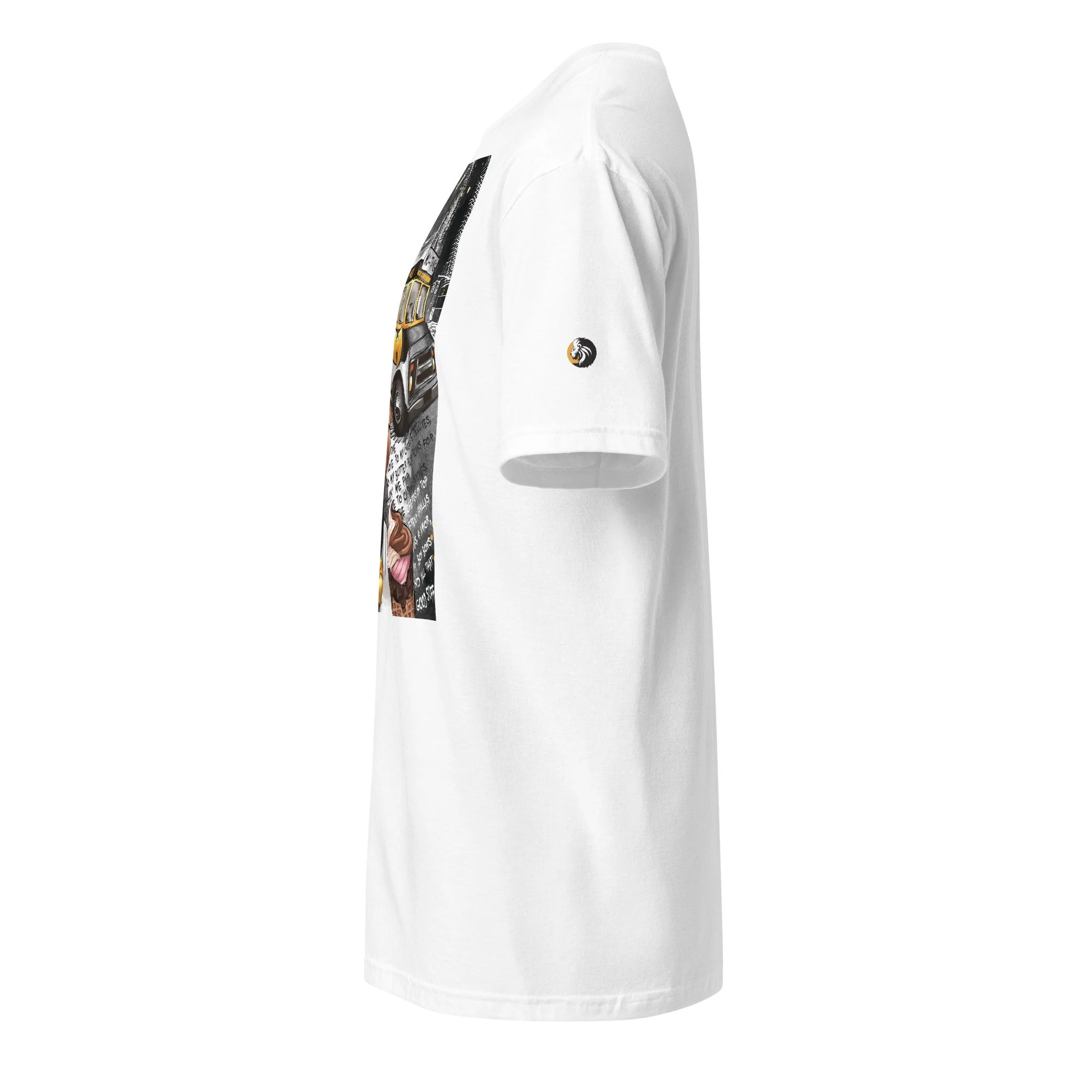 Side view of white T-shirt featuring partial view of colorful front graphic and a small embroidered Artist logo patch on the sleeve.