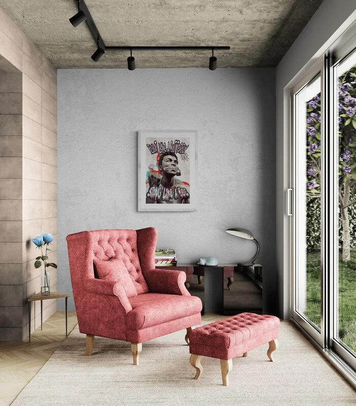 medium Muhammad Ali-inspired artwork with 'Float like a butterfly, sting like a bee' text displayed in a modern living room