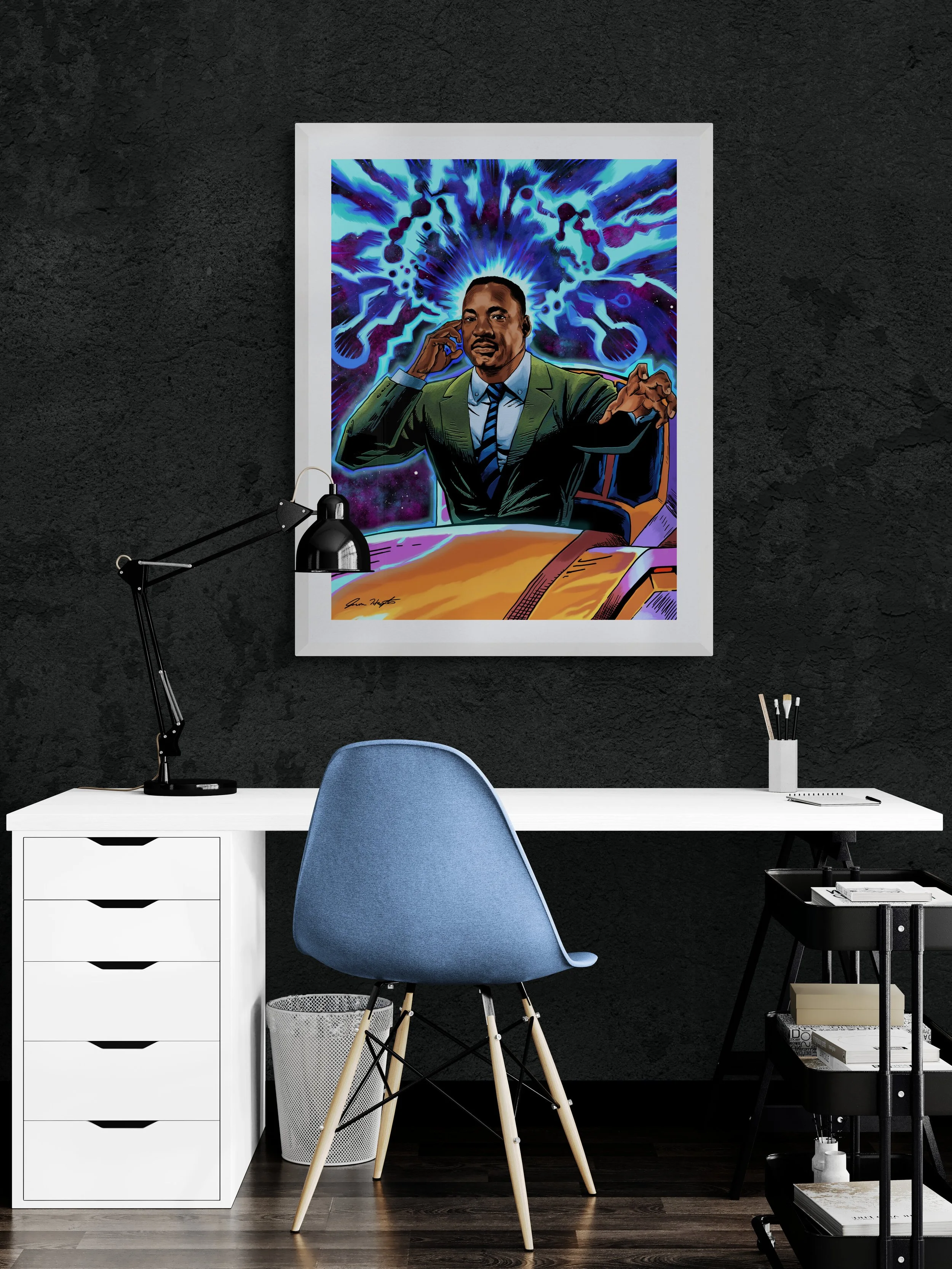 Framed Comic Book inspired Martin Luther King Jr. artwork displayed above a modern home office desk with a sleek design