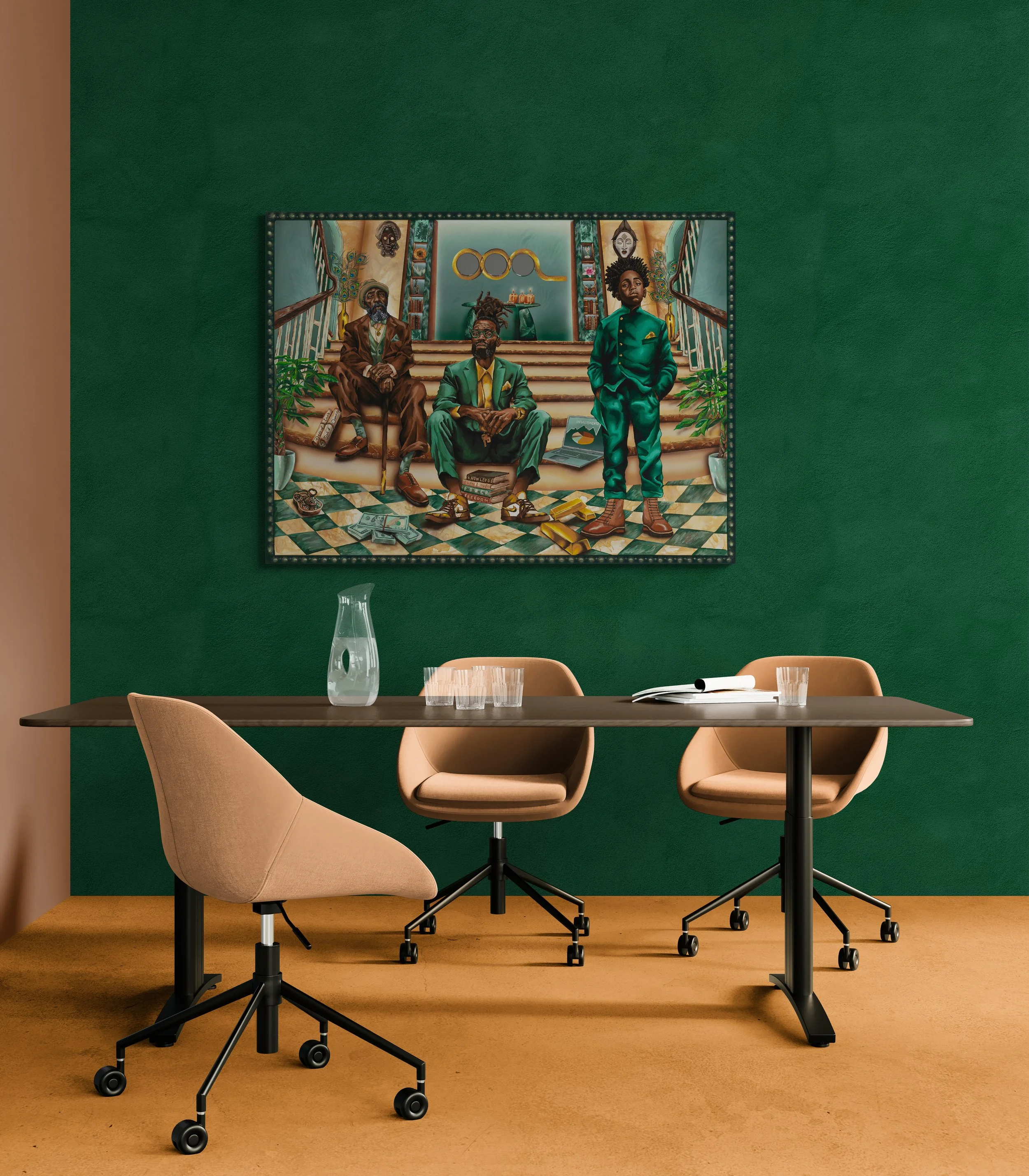 A powerful generational wealth painting featuring three Black male figures representing legacy, financial empowerment, and cultural heritage is displayed as the focal point in a modern meeting room. Set against a rich emerald green accent wall, the c