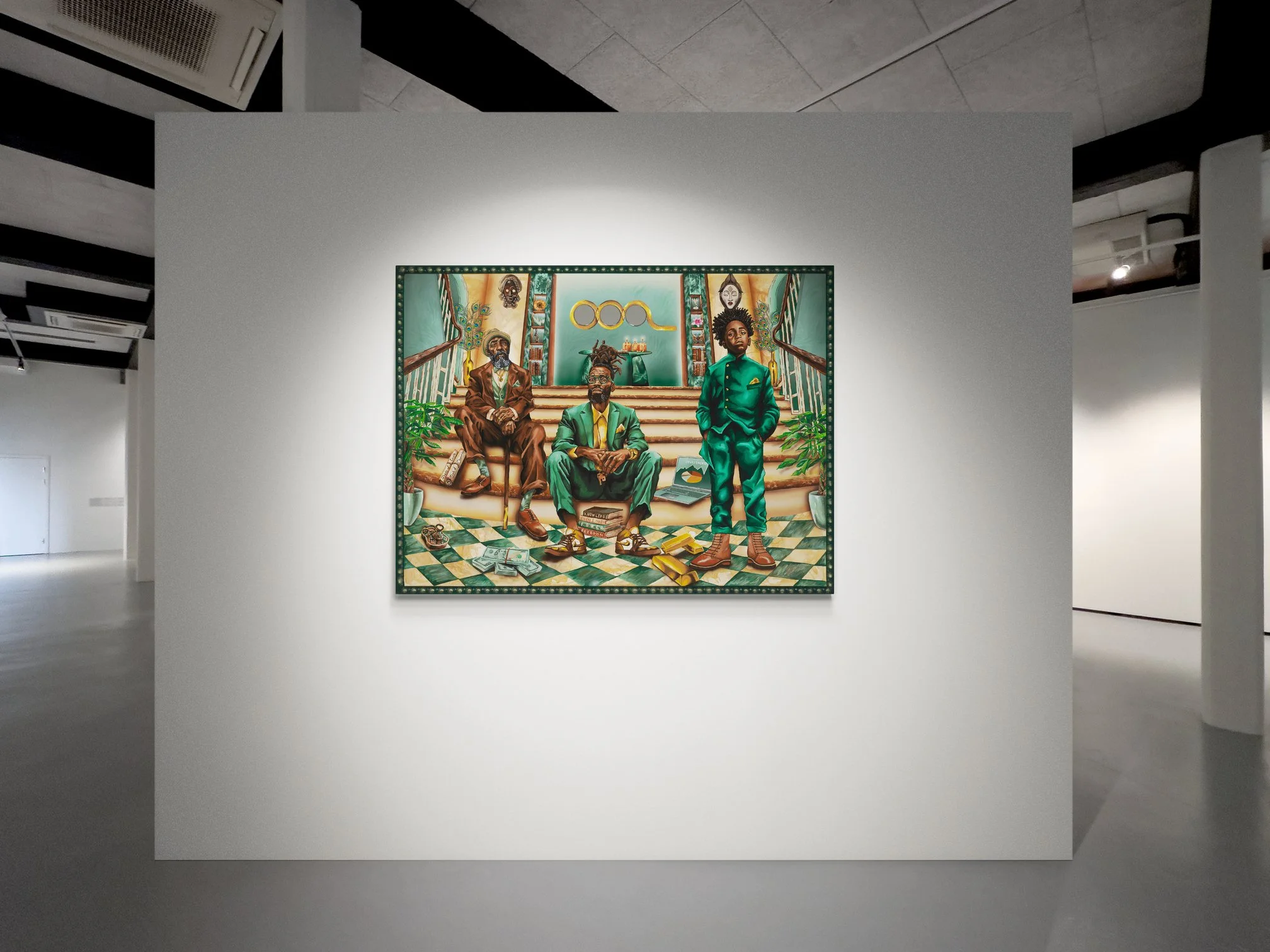 A powerful generational wealth painting featuring three Black male figures symbolizing legacy, financial empowerment, and knowledge is displayed prominently on a minimalist white gallery wall. The vibrant artwork blends emerald green tones, gold acce