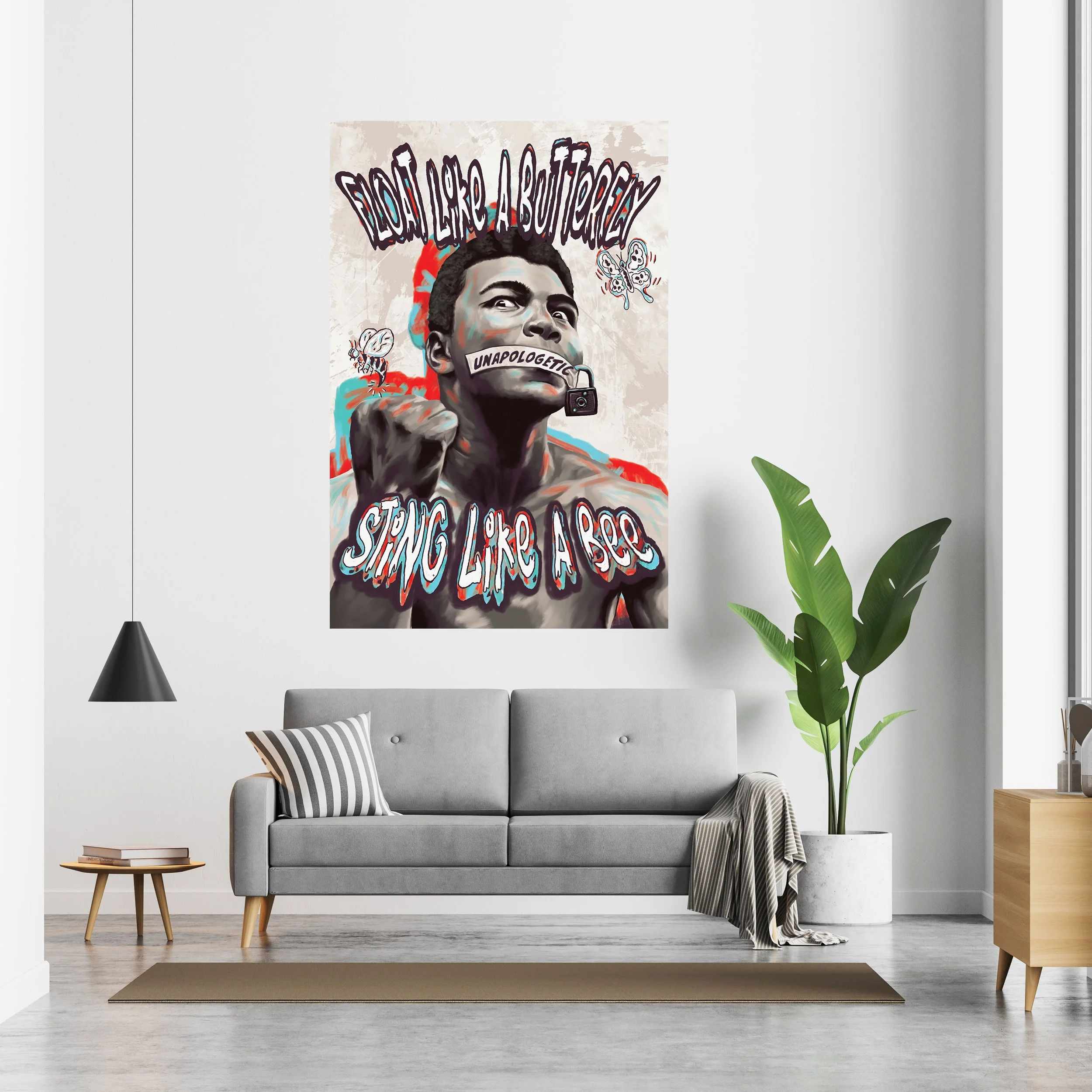 Large Muhammad Ali-inspired artwork with 'Float like a butterfly, sting like a bee' text displayed in a modern living room