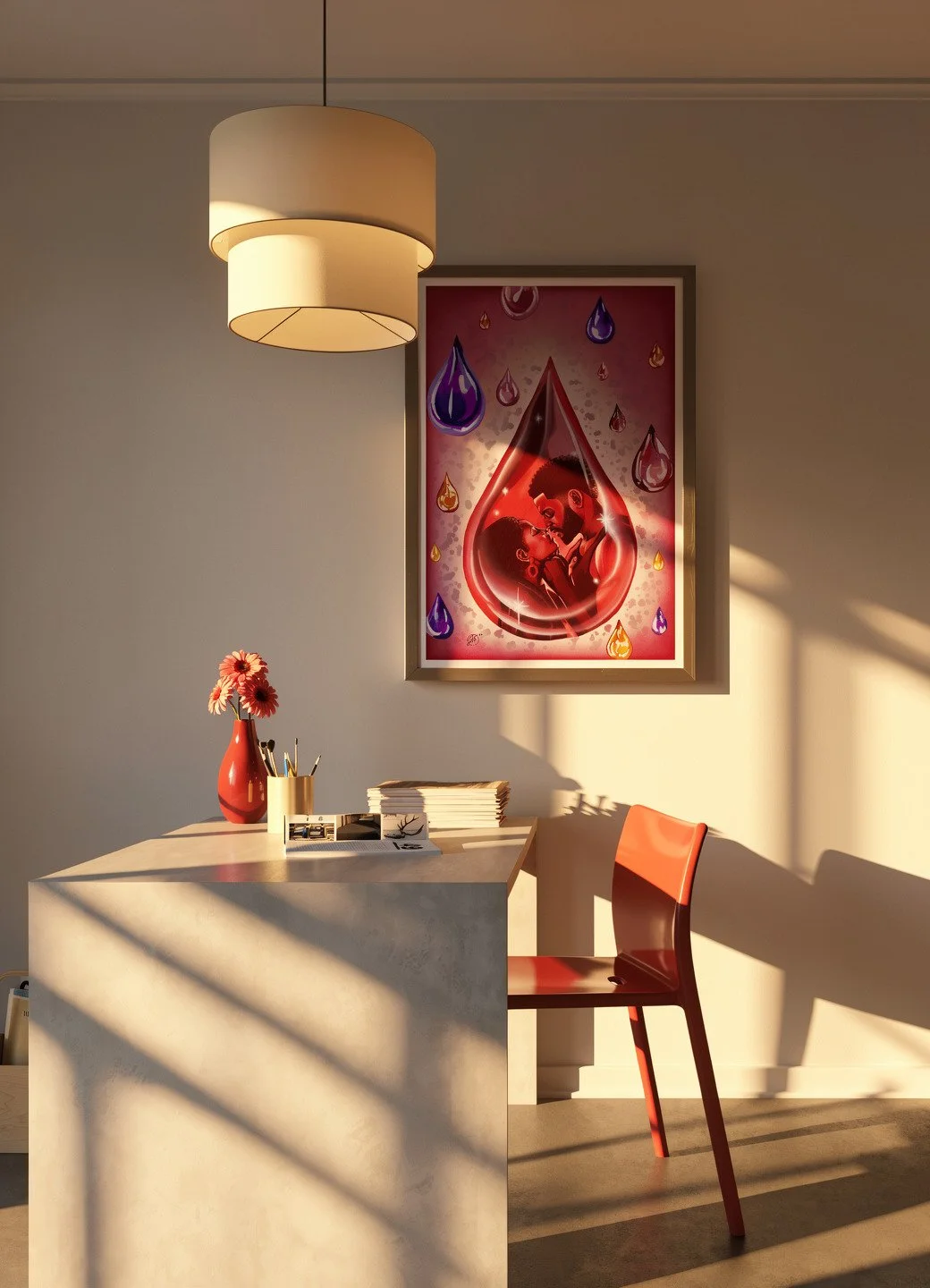 Home office with a desk and bookcase-Golden Hour.jpg