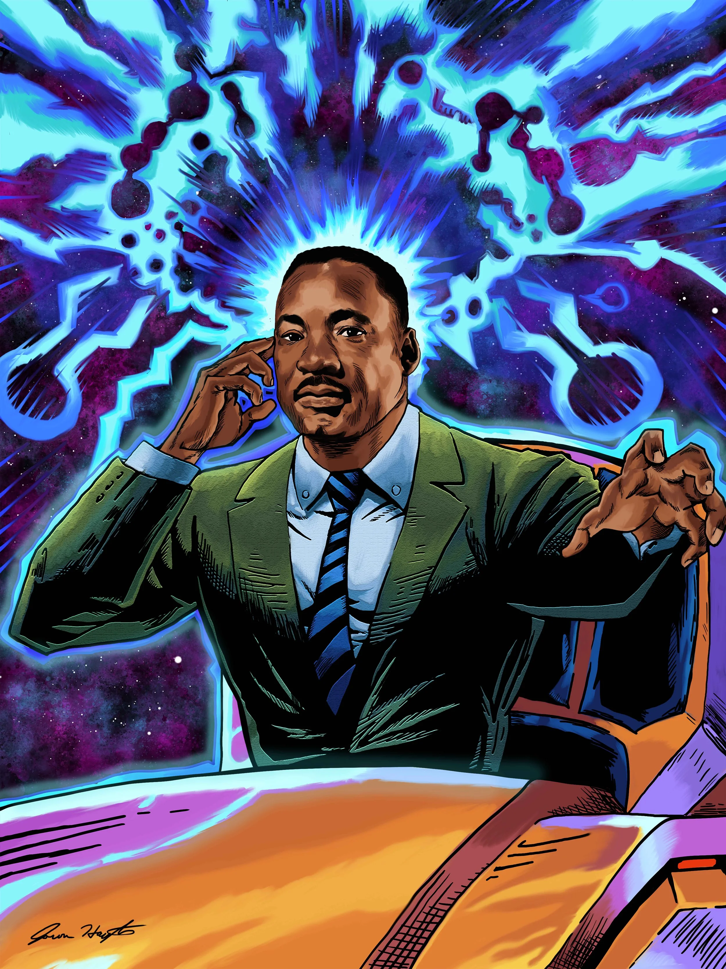 Visionary artwork reimagining Martin Luther King Jr. as a futuristic leader, blending Afrofuturism and comic book aesthetics. A powerful tribute to his legacy and revolutionary thinking.