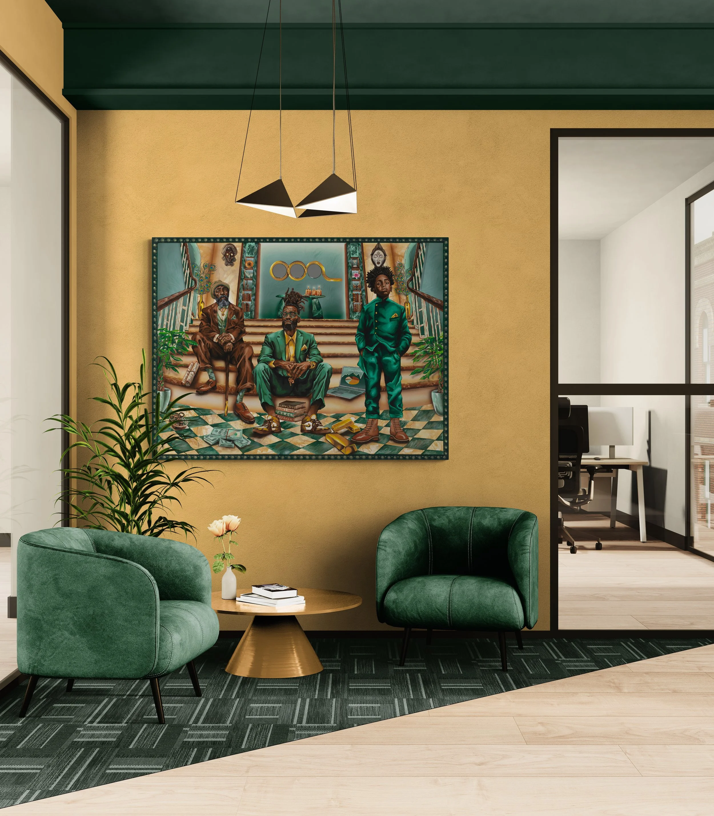 A bold generational wealth painting featuring three Black male figures symbolizing legacy, financial empowerment, and cultural heritage is displayed in a modern office reception area. Set against a warm neutral wall with emerald green accents, the co