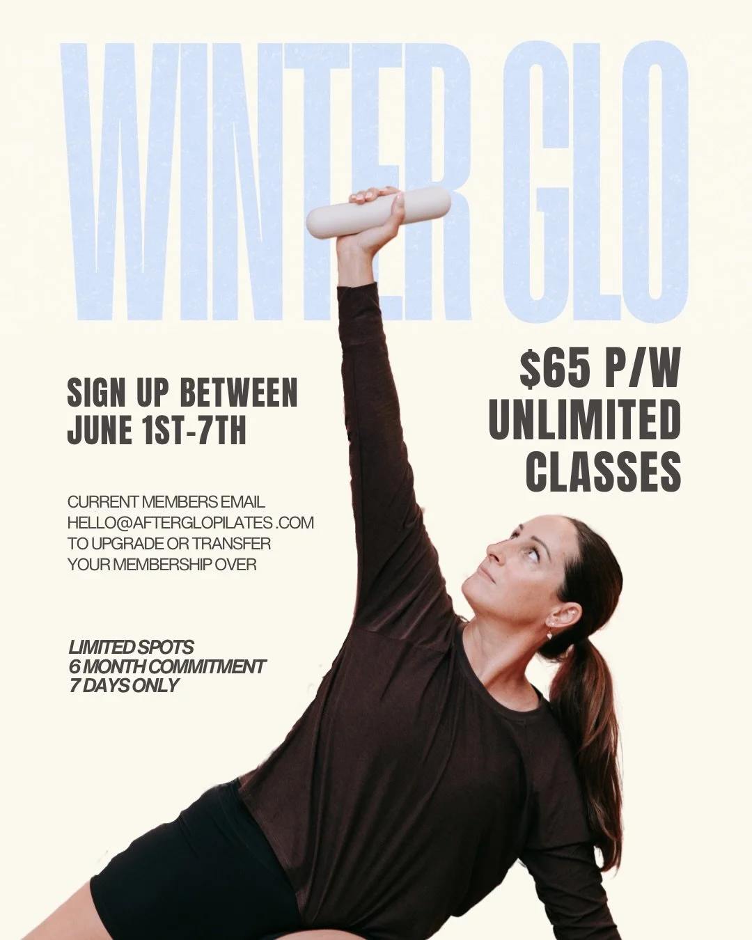 For 1 week only, we&rsquo;re opening up a limited Unlimited Membership at Afterglo - Winter Glo ✨

✔ Unlimited classes for just $65 per week
✔ Bring a new friend FREE once per month
✔ 10% off socks &amp; merch
✔ One &ldquo;Life Happens&rdquo; pass to