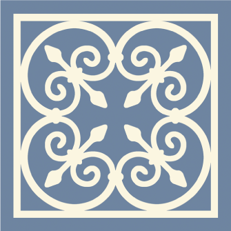 Catalonia decorative tile pattern featuring cream scrollwork on a blue background.