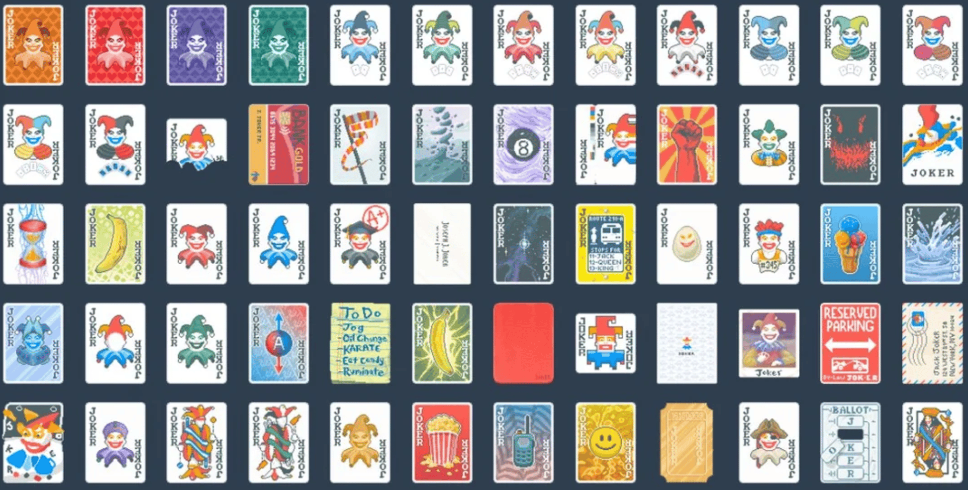 Image of all ingame cards from 'Balatro' spread out in a table layout