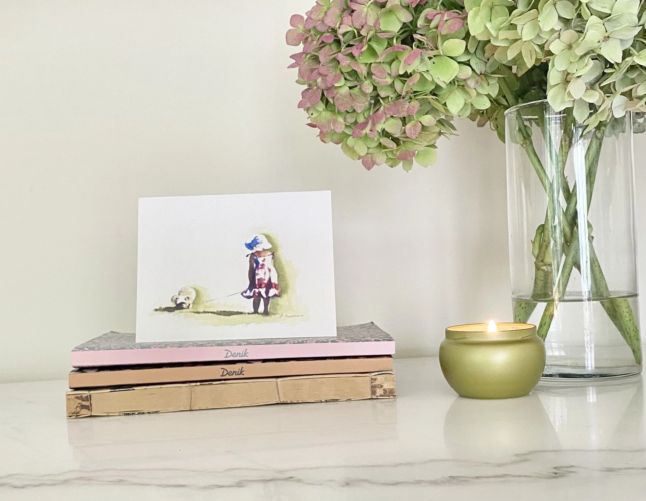 watercolor print greeting card of little girl in dress walking a dog by Keri Misawa