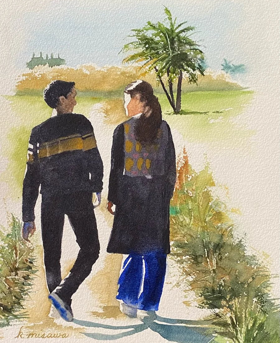 watercolor painting of young man and woman by Keri Misawa