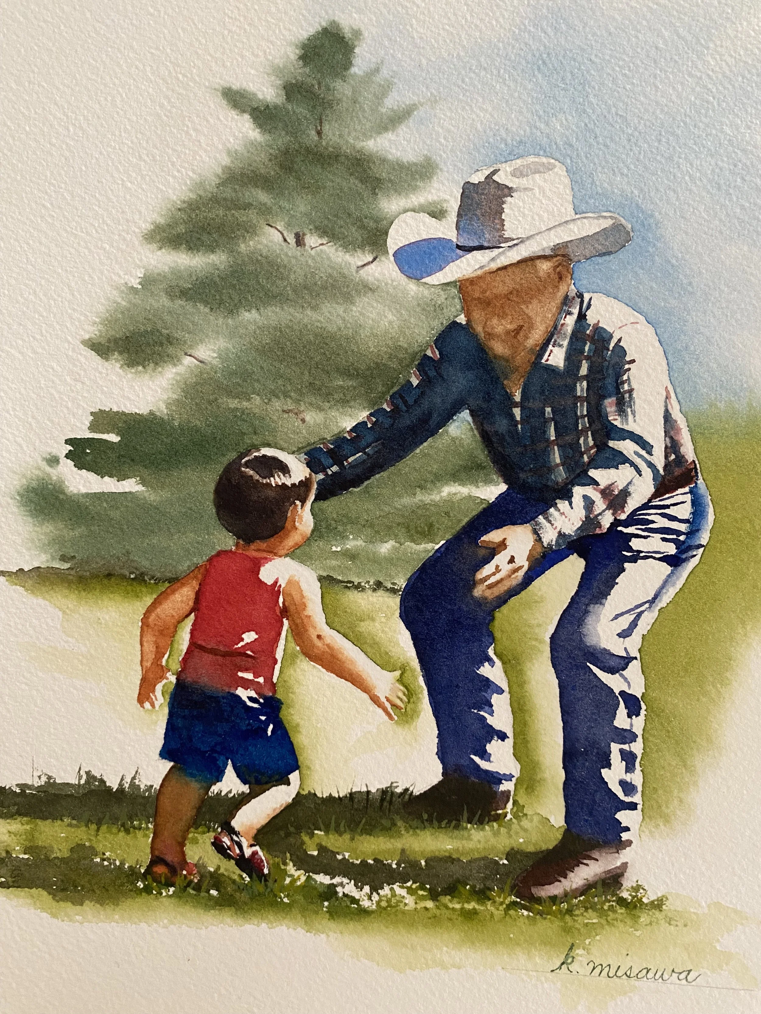 watercolor painting of grandfather and grandchild by Keri Misawa